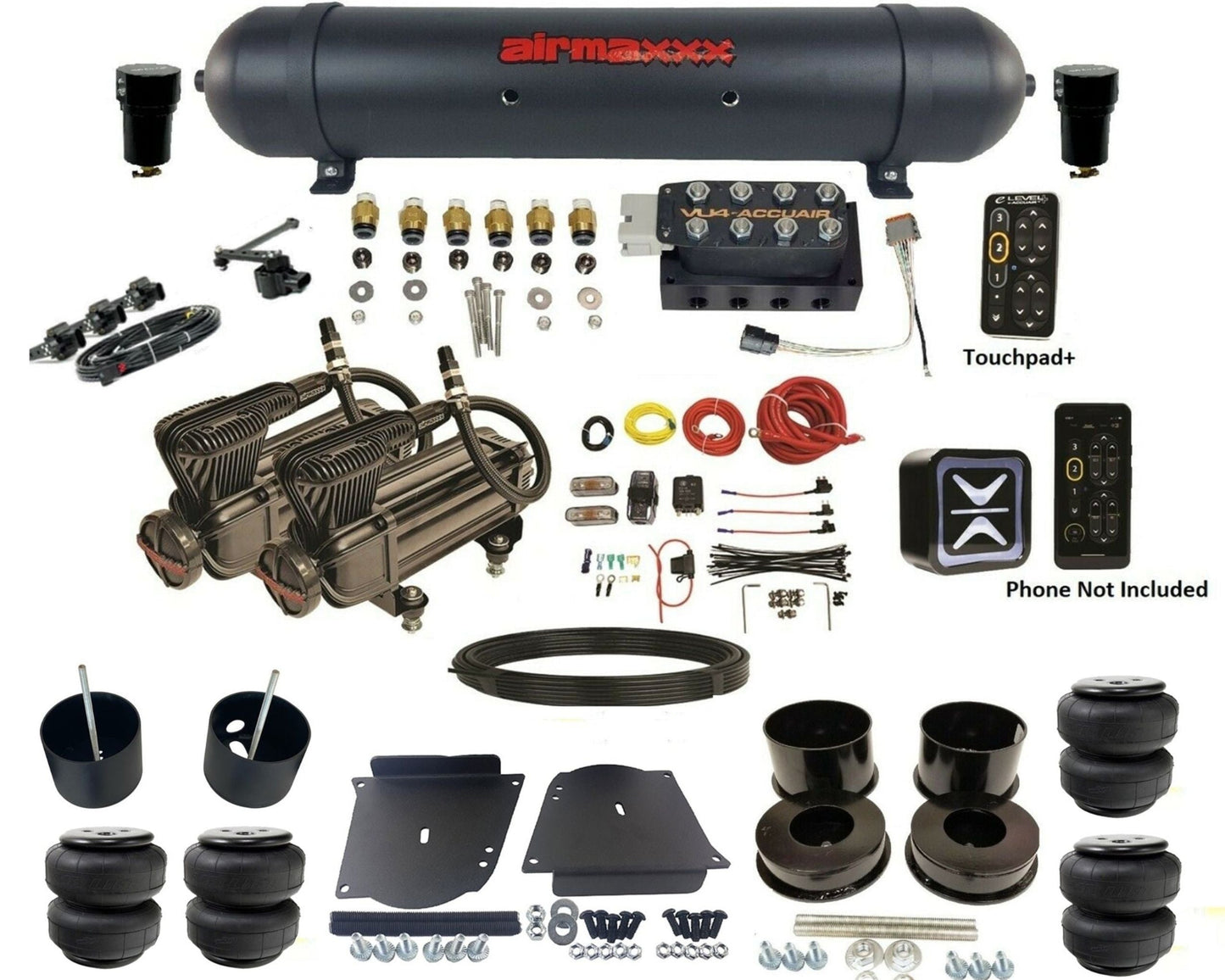 accuair e+ connect height+ vu4 dual x-series compressors aluminum tank & airlift bags air ride kit for 1964-1972 gm a-body KABDY-X2B-57ABK-VU4EHT-WK-HFD25