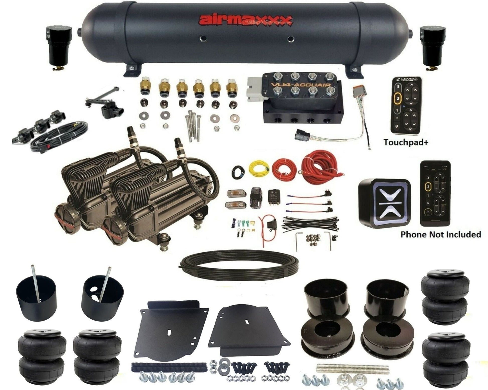 accuair e+ connect height+ vu4 dual x-series compressors aluminum tank & airlift bags air ride kit for 1964-1972 gm a-body KABDY-X2B-57ABK-VU4EHT-WK-HFD25
