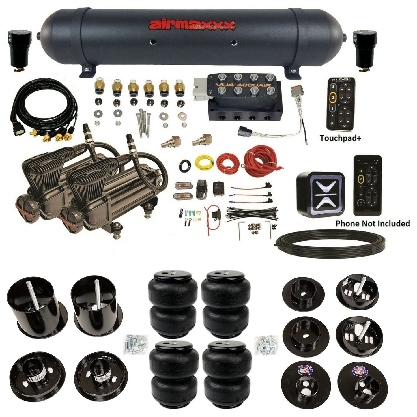 accuair e+ connect height+ vu4 dual x-series compressors aluminum tank airlift bags air ride kit for 1965-1970 cadillac KCAD65-X2B-57ABK-VU4EPT-WK-HFD25 