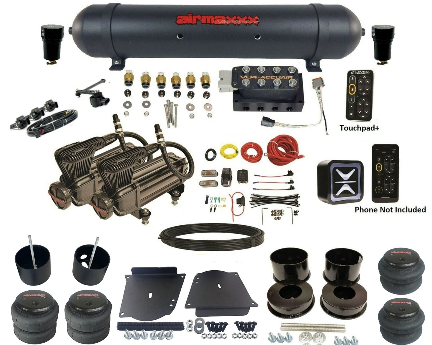 accuair e+ connect height+ vu4 dual x-series compressors aluminum tank & bags air ride kit for 1964-1972 gm a-body KABDY-X2B-57ABK-VU4EHT-WK-HF
