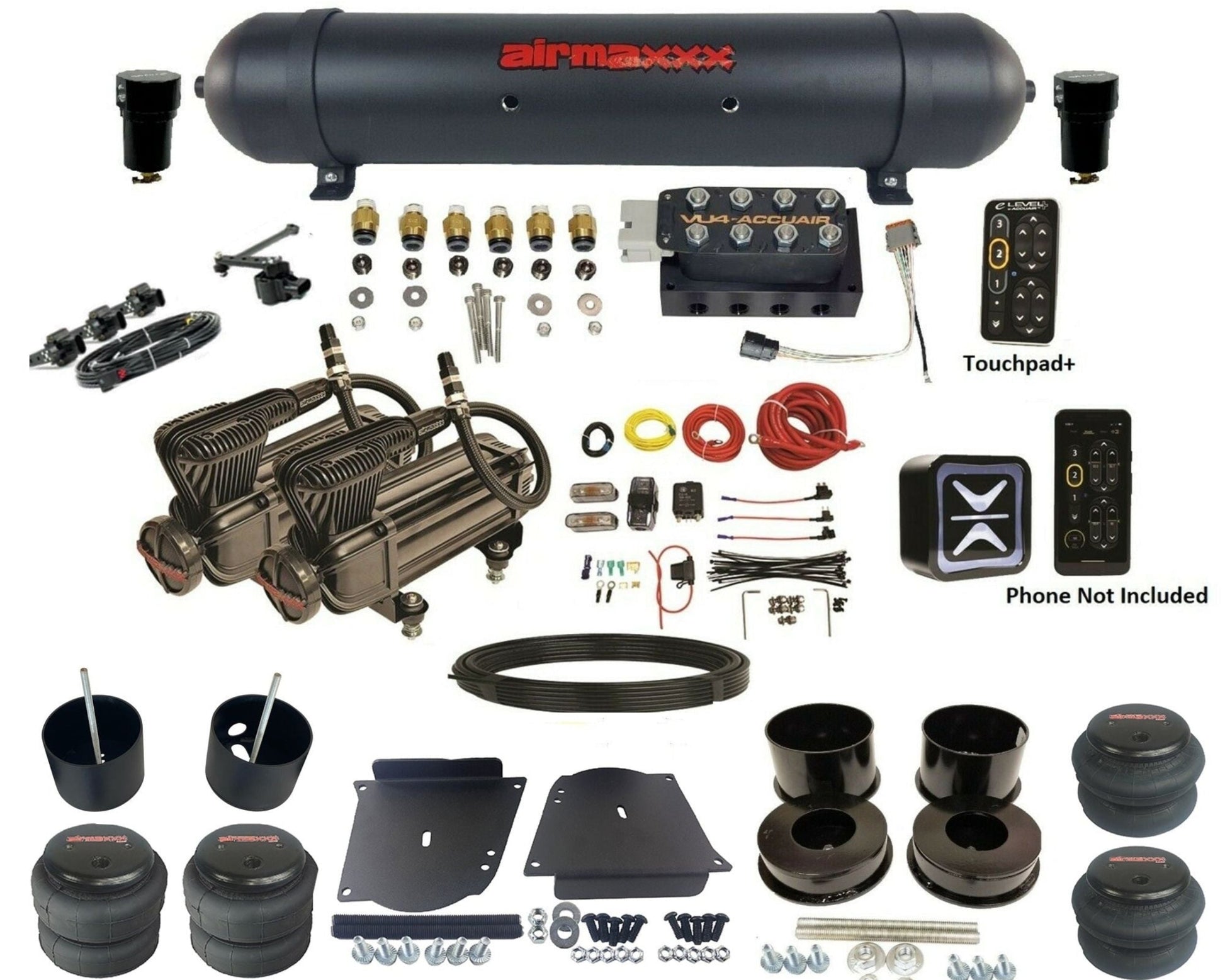 accuair e+ connect height+ vu4 dual x-series compressors aluminum tank & bags air ride kit for 1964-1972 gm a-body KABDY-X2B-57ABK-VU4EHT-WK-HF