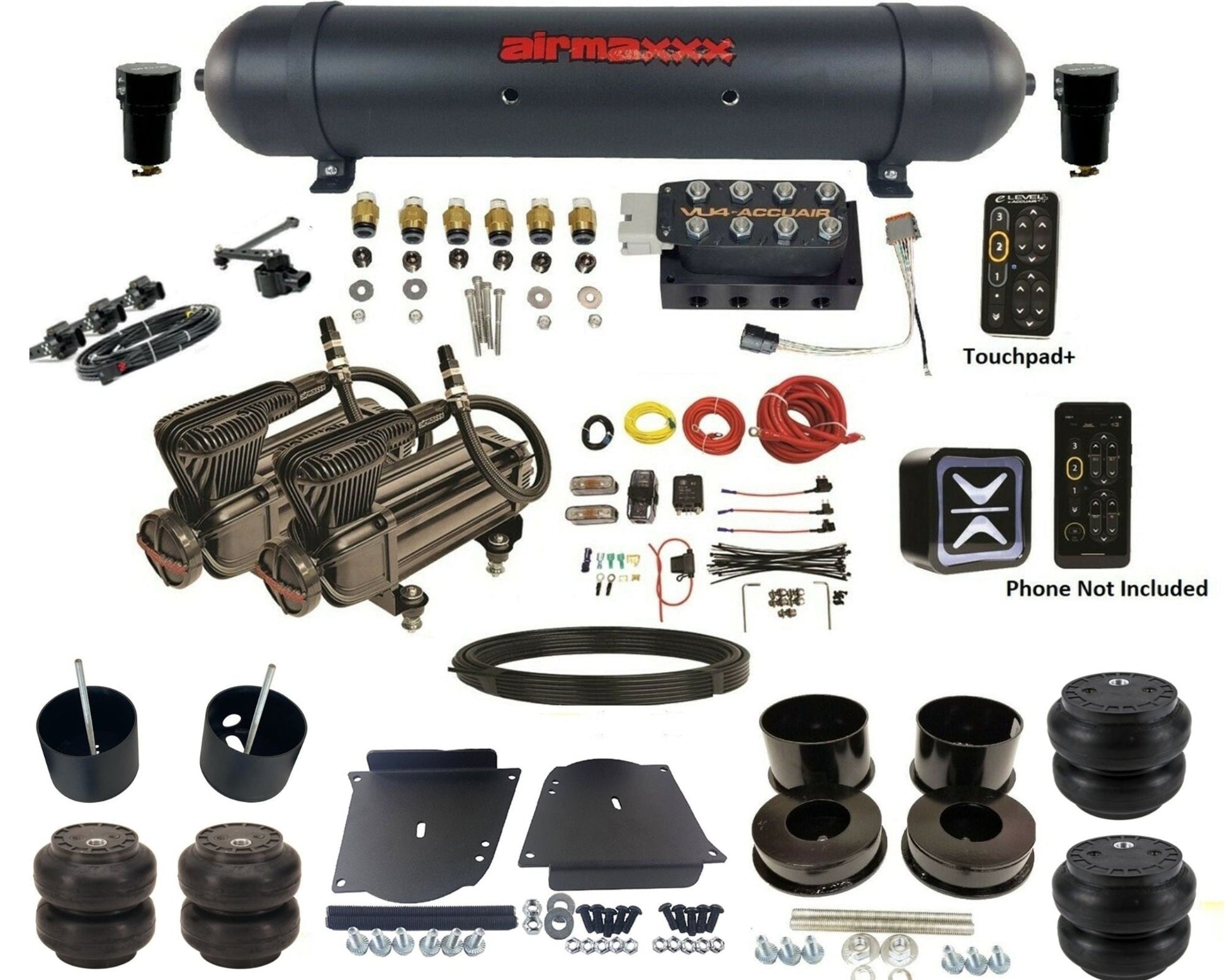 accuair e+ connect height+ vu4 dual x-series compressors aluminum tank & slam bags air ride kit for 1964-1972 gm a-body KABDY-X2B-57ABK-VU4EHT-WK-HFSS6SS7