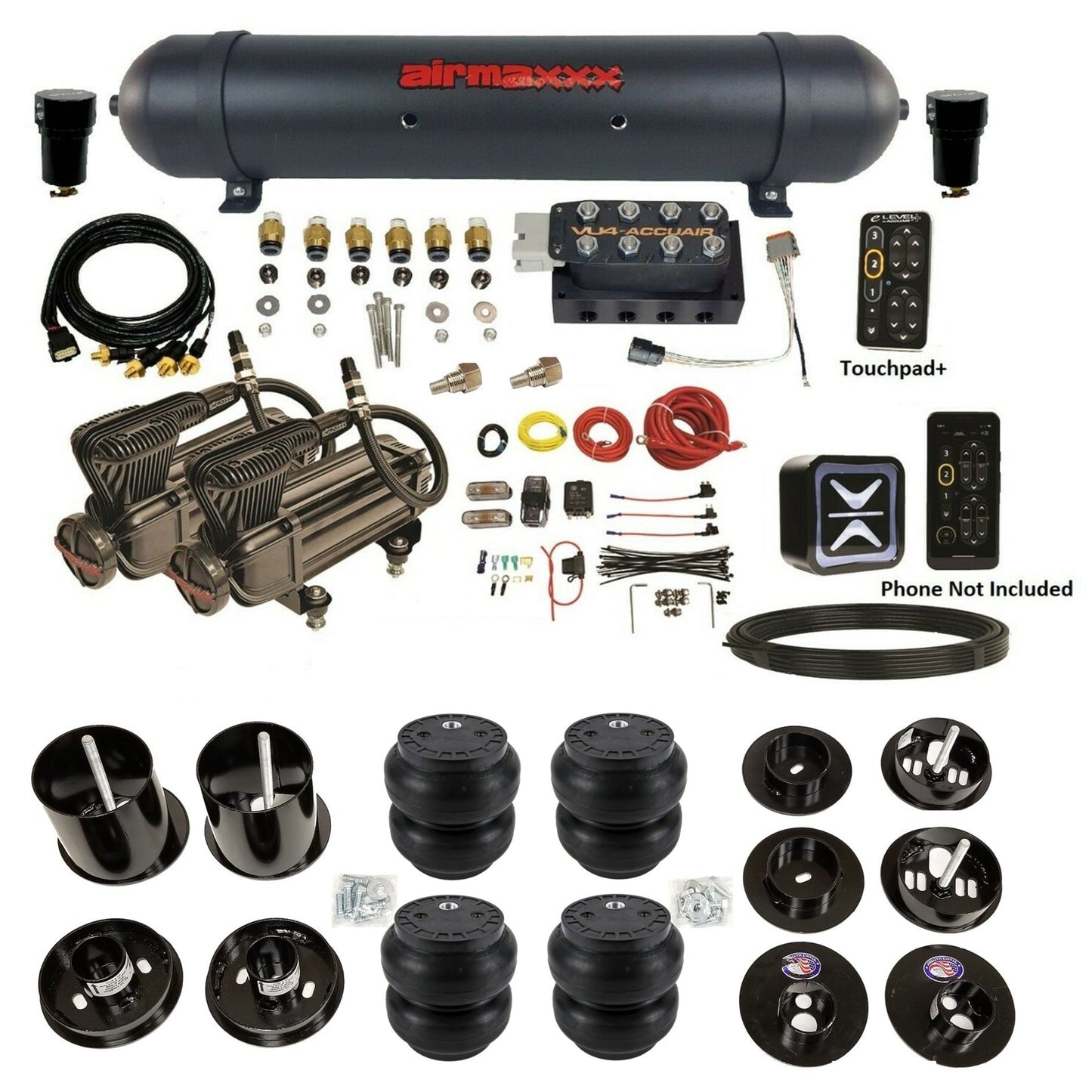 accuair e+ connect height+ vu4 dual x-series compressors aluminum tank slam bags air ride kit for 1965-1970 cadillac KCAD65-X2B-57ABK-VU4EPT-WK-HFSS7