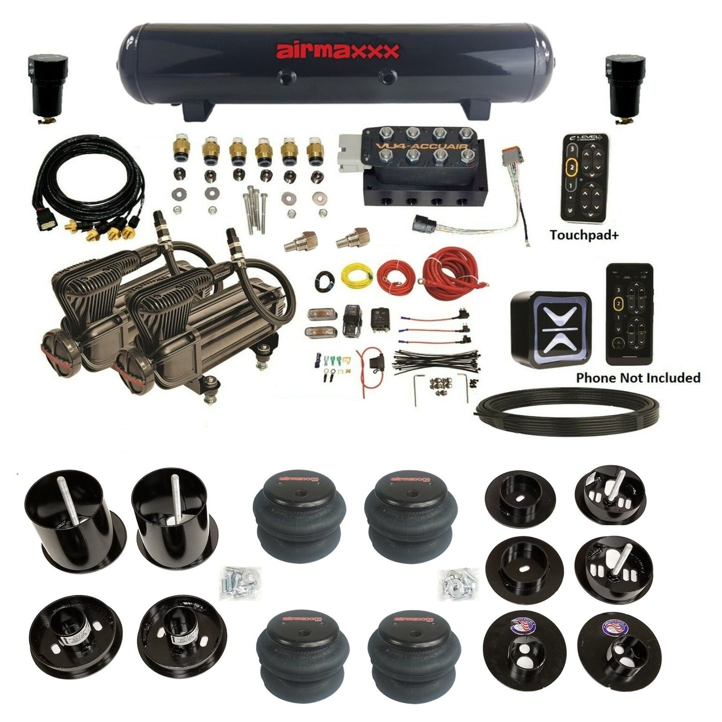 accuair e+ connect height+ vu4 dual x-series compressors steel tank 2600 bags air ride kit for 1965-1970 cadillac KCAD65-X2B-57S-VU4EPT-WK-HF