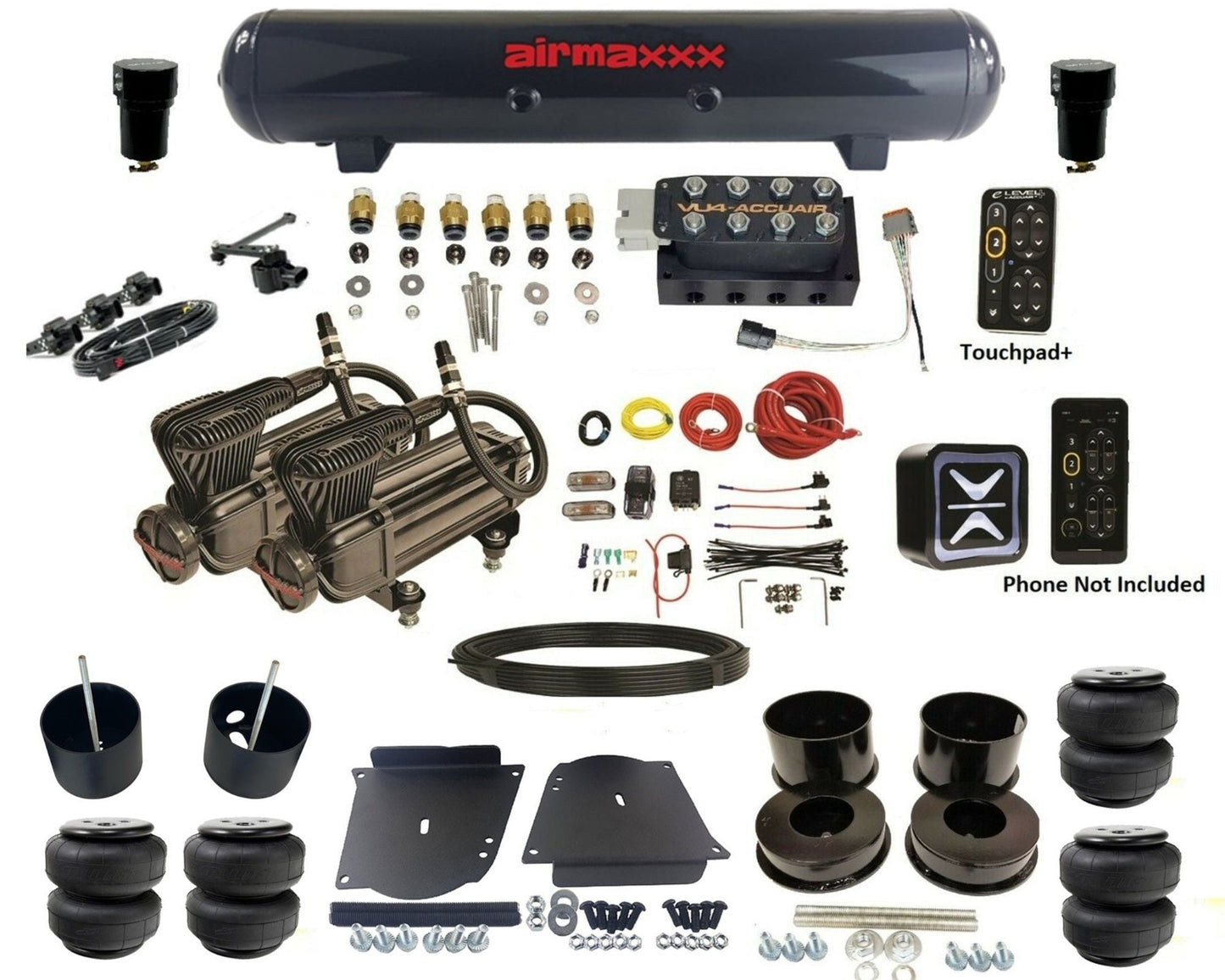 accuair e+ connect height+ vu4 dual x-series compressors steel tank & airlift bags air ride kit for 1964-1972 gm a-body KABDY-X2B-57S-VU4EHT-WK-HFD25