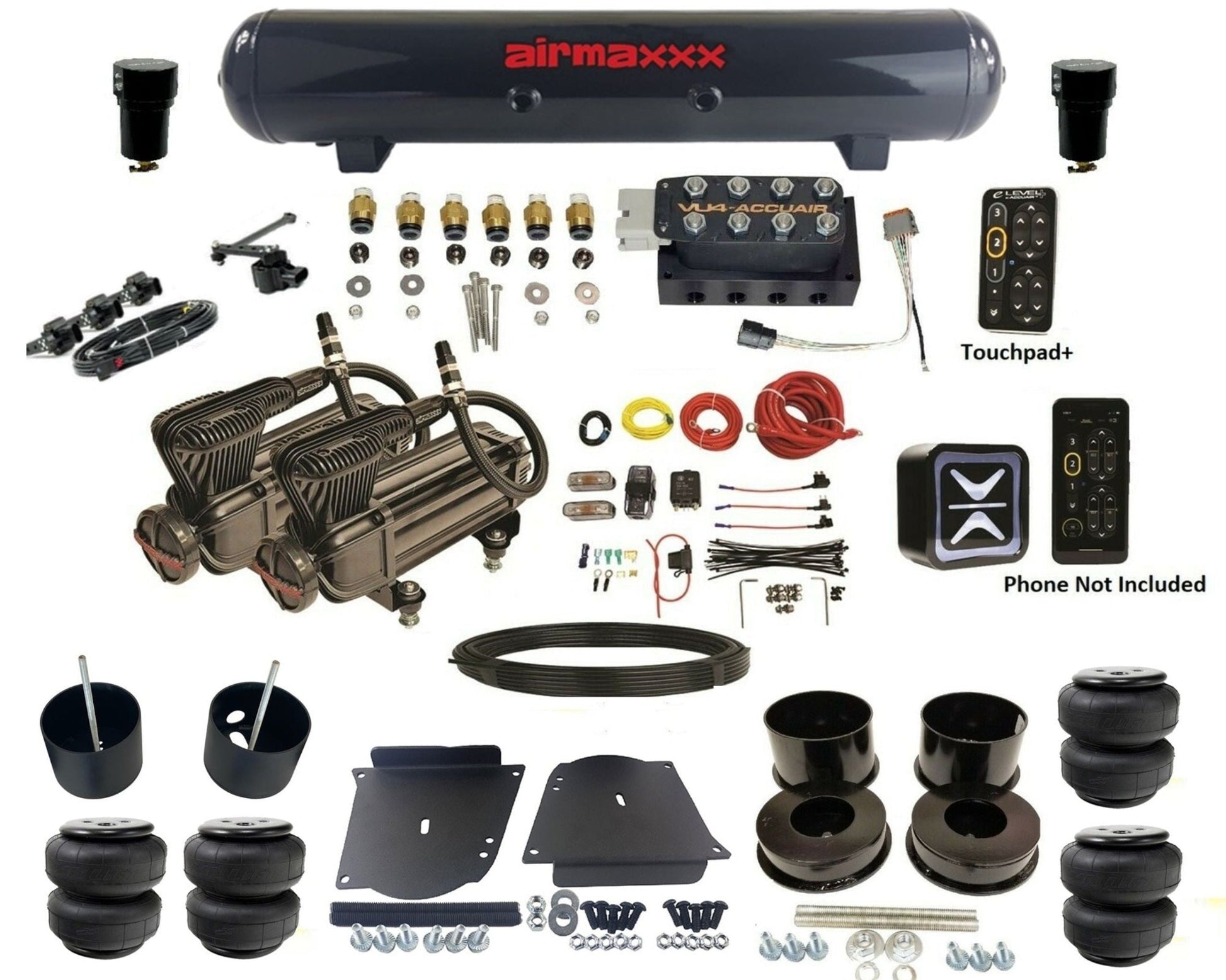 accuair e+ connect height+ vu4 dual x-series compressors steel tank & airlift bags air ride kit for 1964-1972 gm a-body KABDY-X2B-57S-VU4EHT-WK-HFD25