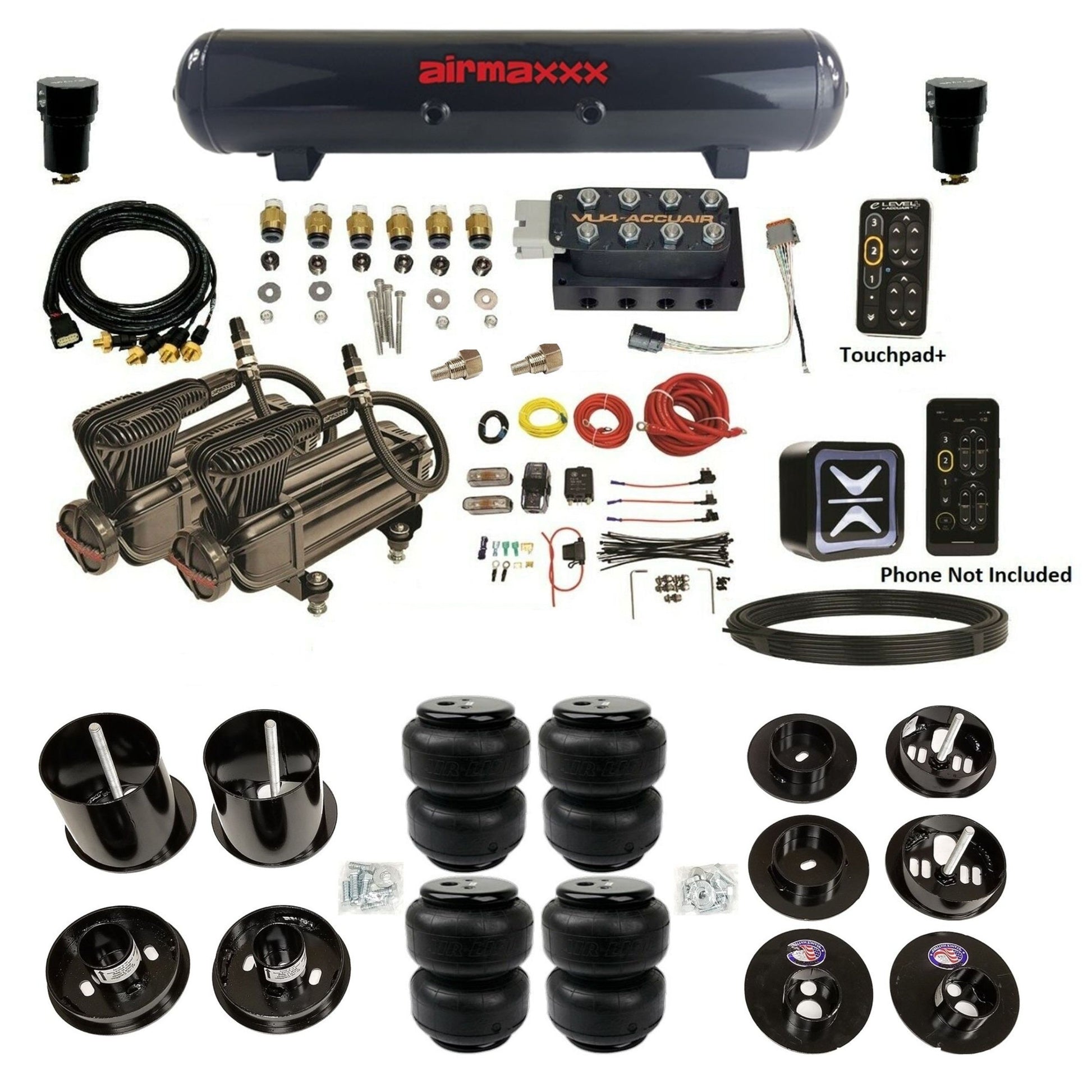 accuair e+ connect height+ vu4 dual x-series compressors steel tank airlift bags air ride kit for 1965-1970 cadillac KCAD65-X2B-57S-VU4EPT-WK-HFD25