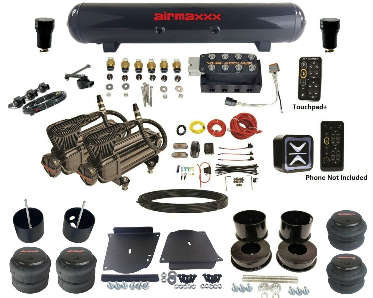 accuair e+ connect height+ vu4 dual x-series compressors steel tank & bags air ride kit for 1964-1972 gm a-body KABDY-X2B-57S-VU4EHT-WK-HF