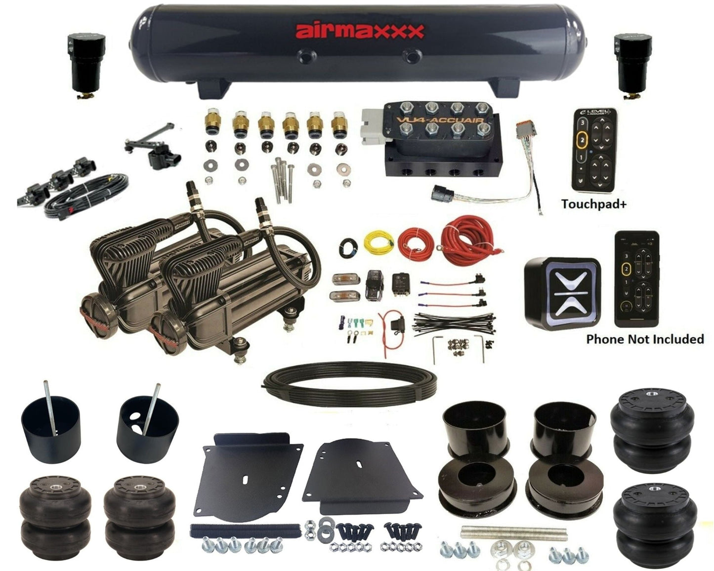 accuair e+ connect height+ vu4 dual x-series compressors steel tank & slam bags air ride kit for 1964-1972 gm a-body KABDY-X2B-57S-VU4EHT-WK-HFSS6SS7