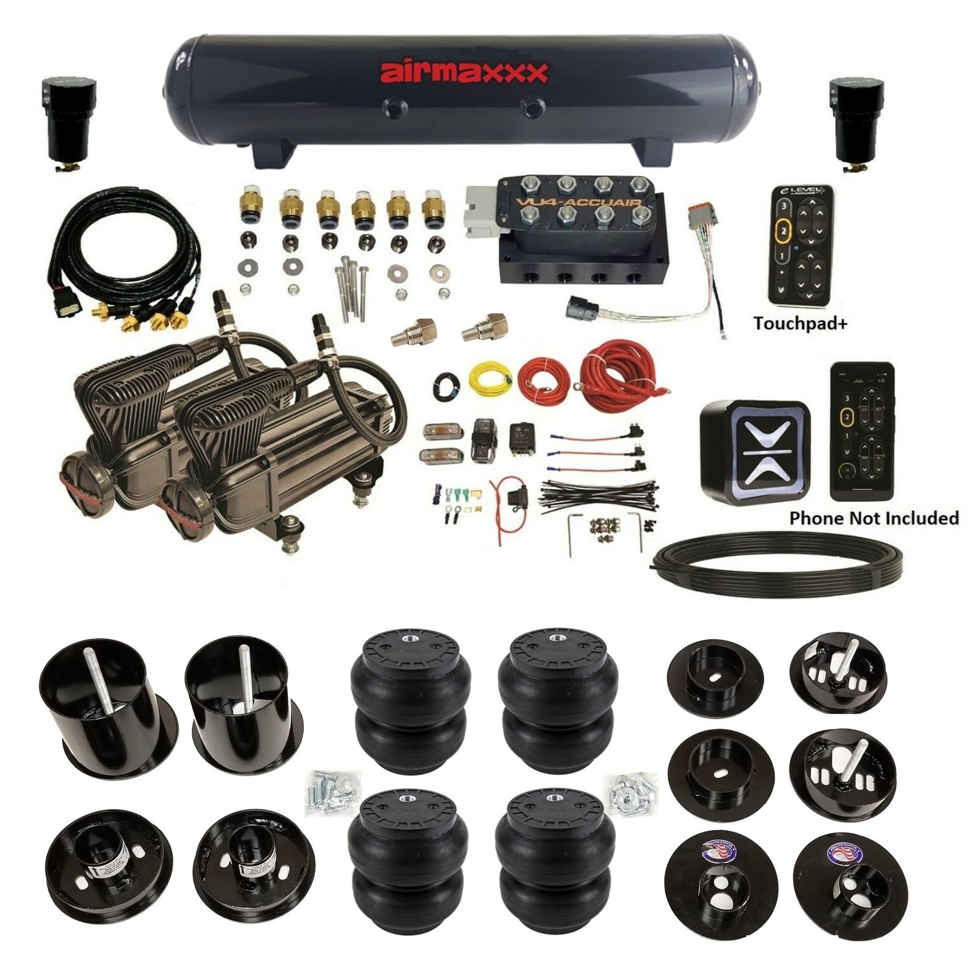 accuair e+ connect height+ vu4 dual x-series compressors steel tank slam bags air ride kit for 1965-1970 cadillac KCAD65-X2B-57S-VU4EPT-WK-HFSS7