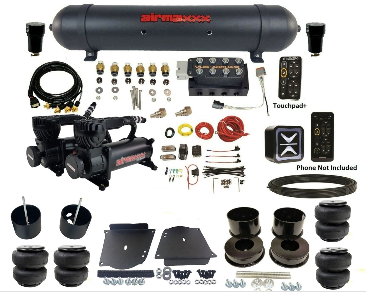 accuair e+ connect pressure+ vu4 black dual 580 compressors aluminum tank & airlift bags air ride kit for 1964-1972 gm a-body KABDY-580B2-57ABK-VU4EPT-WK-HFD25