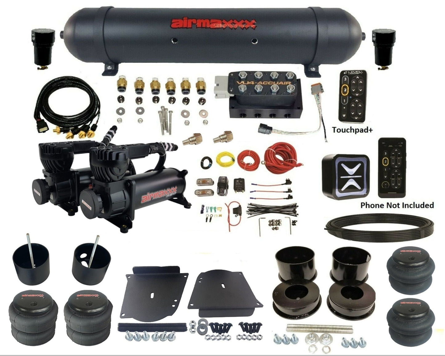 accuair e+ connect pressure+ vu4 black dual 580 compressors aluminum tank &  bags air ride kit for 1964-1972 gm a-body KABDY-580B2-57ABK-VU4EPT-WK-HF