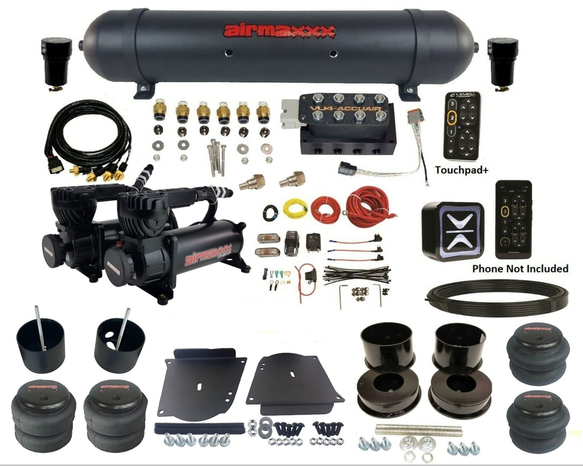 accuair e+ connect pressure+ vu4 black dual 580 compressors aluminum tank &  bags air ride kit for 1964-1972 gm a-body KABDY-580B2-57ABK-VU4EPT-WK-HF