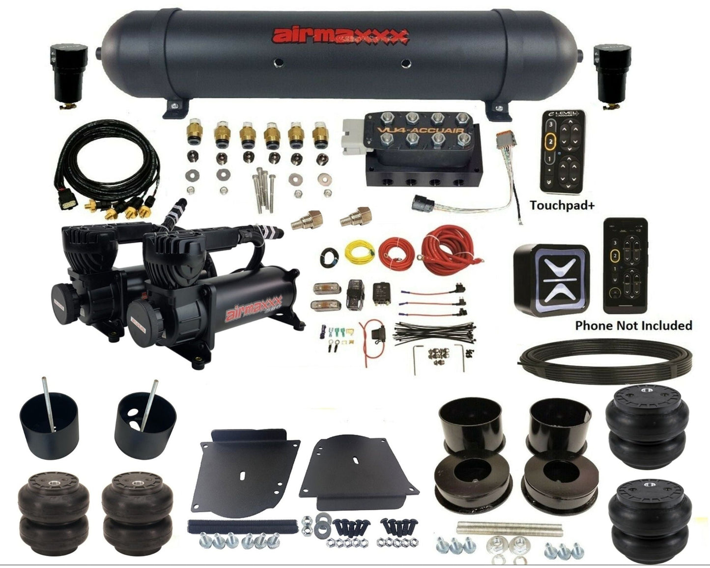 accuair e+ connect pressure+ vu4 black dual 580 compressors aluminum tank & slam bags air ride kit for 1964-1972 gm a-body KABDY-580B2-57ABK-VU4EPT-WK-HFSS6SS7