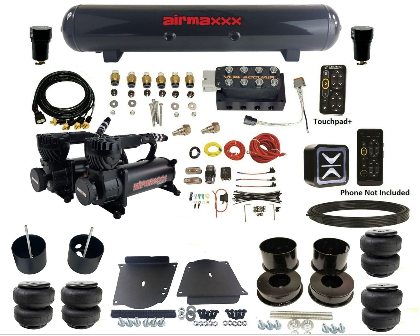 accuair e+ connect pressure+ vu4 black dual 580 compressors steel tank & airlift bags air ride kit for 1964-1972 gm a-body KABDY-580B2-57S-VU4EPT-WK-HFD25