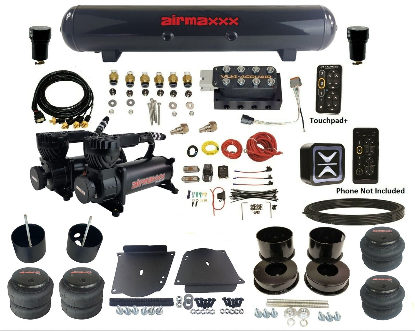 accuair e+ connect pressure+ vu4 black dual 580 compressors steel tank & bags air ride kit for 1964-1972 gm a-body KABDY-580B2-57S-VU4EPT-WK-HF