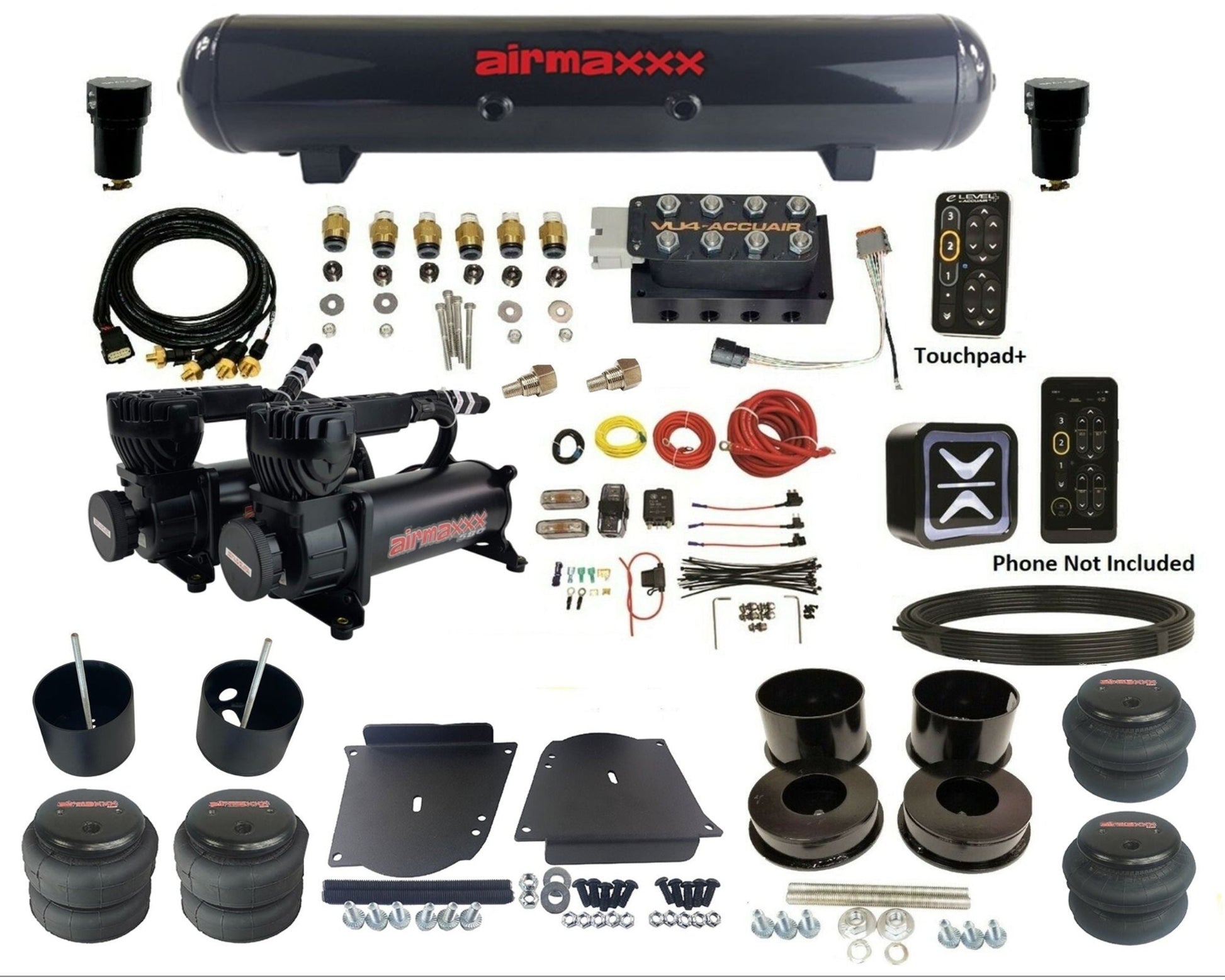 accuair e+ connect pressure+ vu4 black dual 580 compressors steel tank & bags air ride kit for 1964-1972 gm a-body KABDY-580B2-57S-VU4EPT-WK-HF