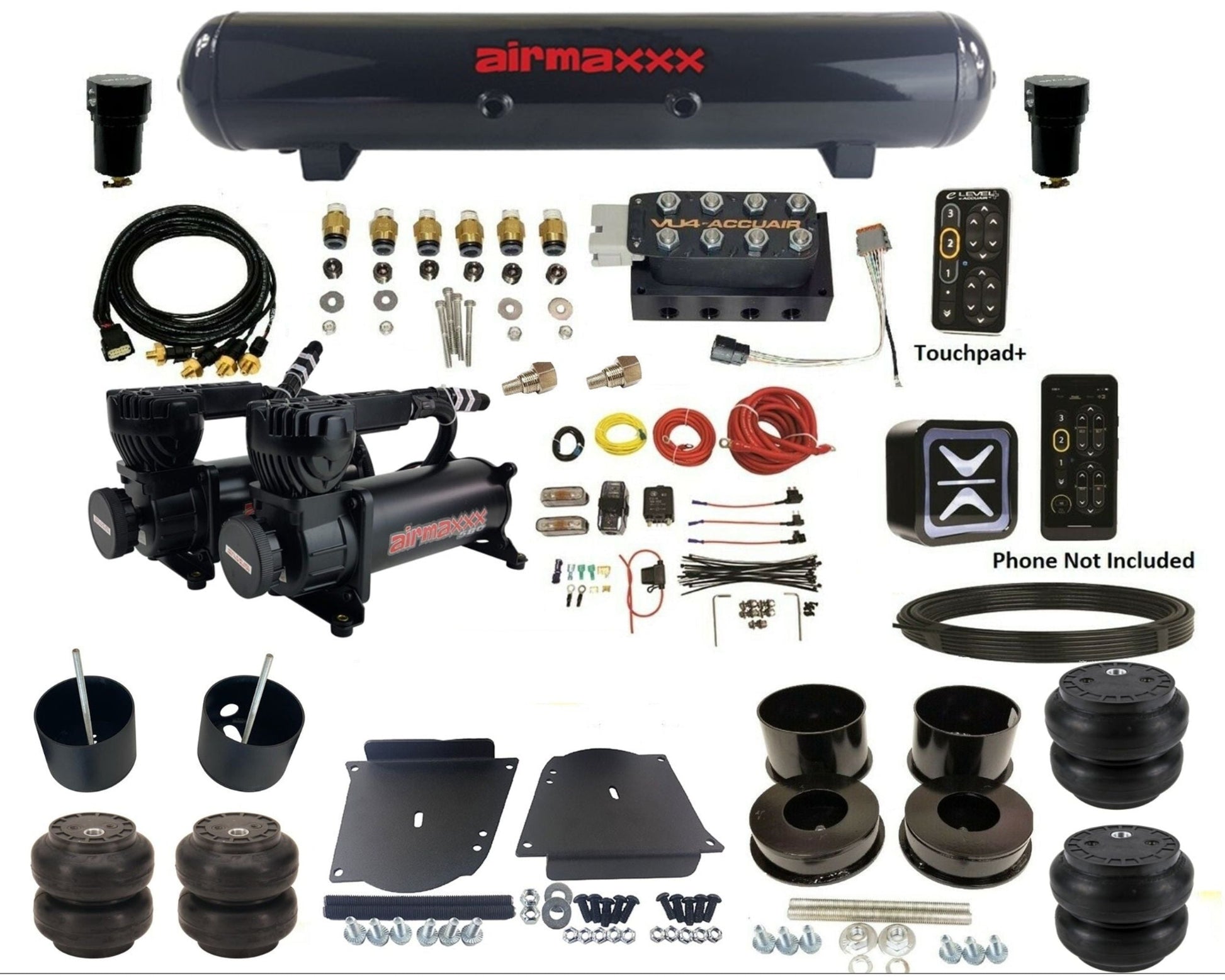 accuair e+ connect pressure+ vu4 black dual 580 compressors steel tank & slam bags air ride kit for 1964-1972 gm a-body KABDY-580B2-57S-VU4EPT-WK-HFSS6SS7