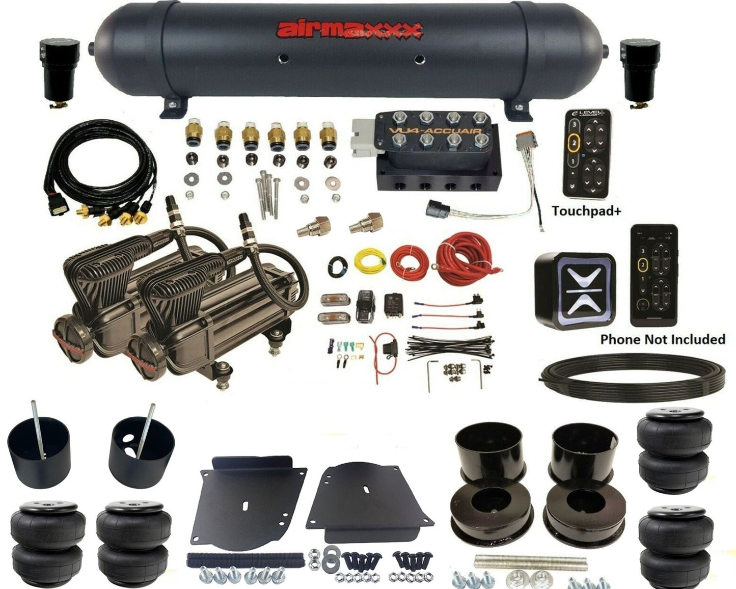 accuair e+ connect pressure+ vu4 black x-series compressors aluminum tank &  airlift bags air ride kit for 1964-1972 gm a-body KABDY-X2B-57ABK-VU4EPT-WK-HFD25