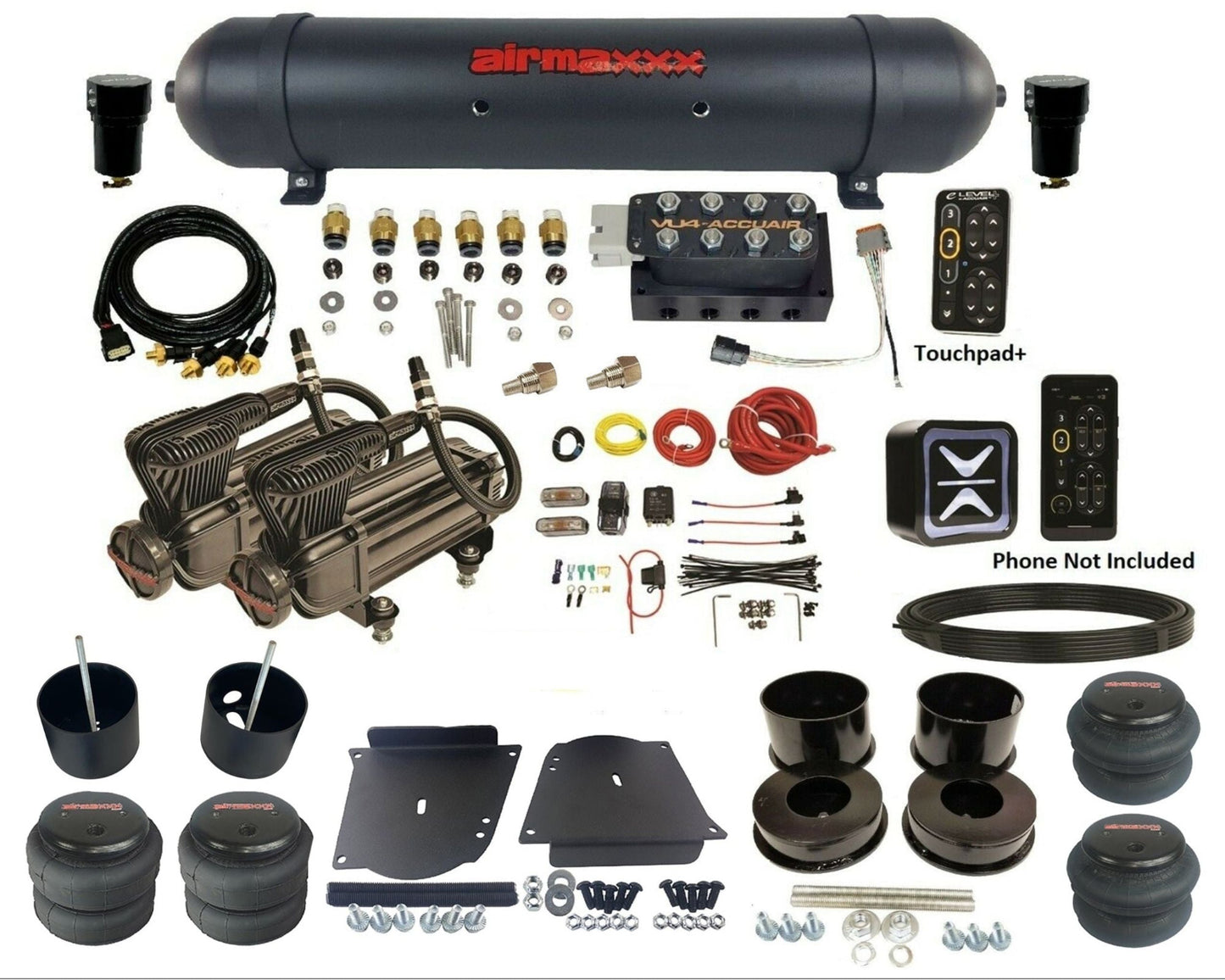 accuair e+ connect pressure+ vu4 black x-series compressors aluminum tank &  bags air ride kit for 1964-1972 gm a-body KABDY-X2B-57ABK-VU4EPT-WK-HF