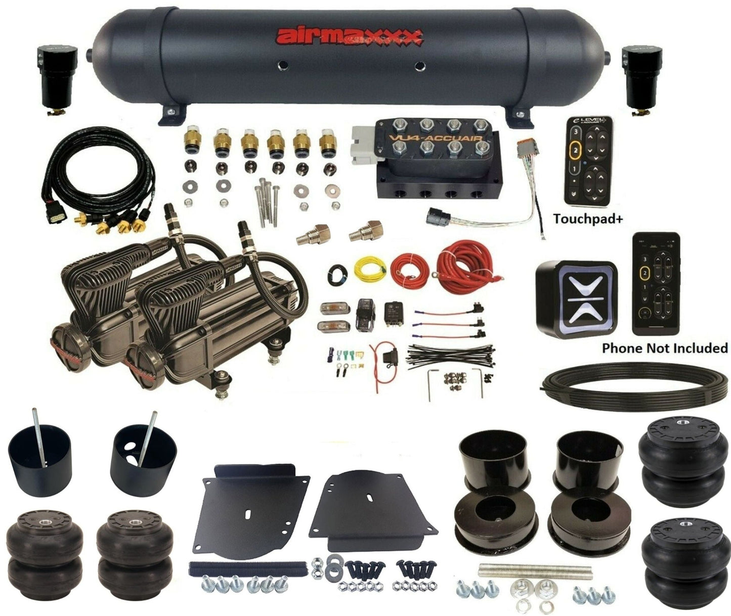 accuair e+ connect pressure+ vu4 black x-series compressors aluminum tank & slam bags air ride kit for 1964-1972 gm a-body KABDY-X2B-57ABK-VU4EPT-WK-HFSS6SS7 