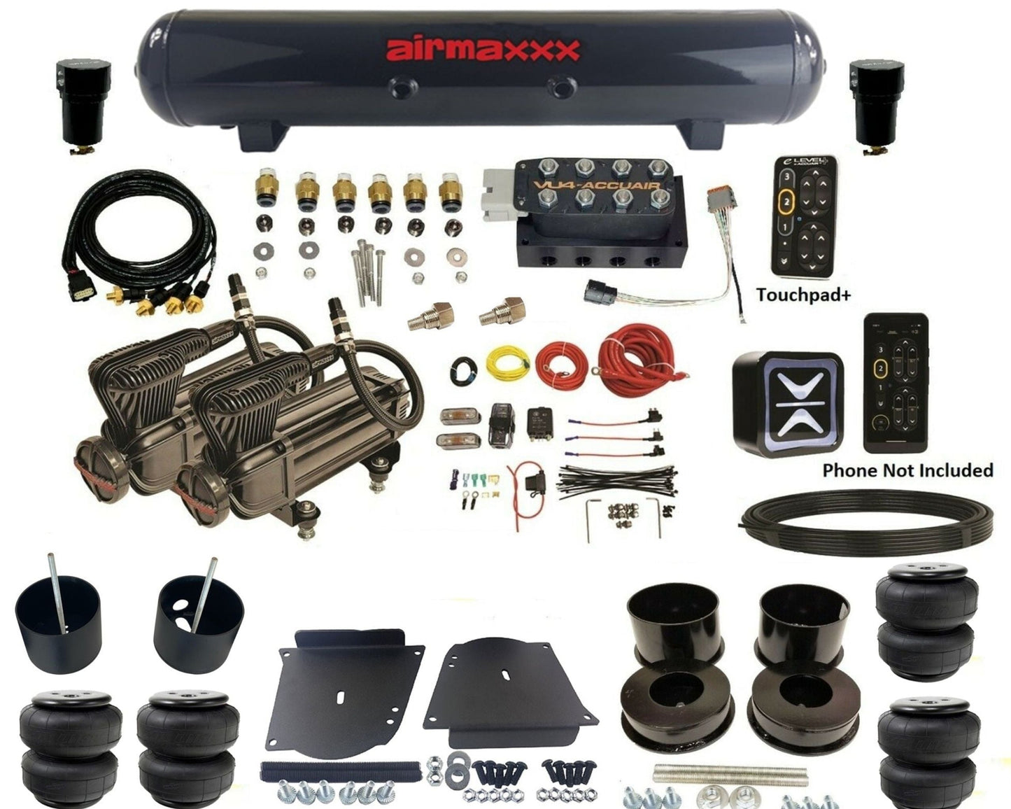 accuair e+ connect pressure+ vu4 black x-series compressors steel tank & airlift bags air ride kit for 1964-1972 gm a-body KABDY-X2B-57S-VU4EPT-WK-HFD25