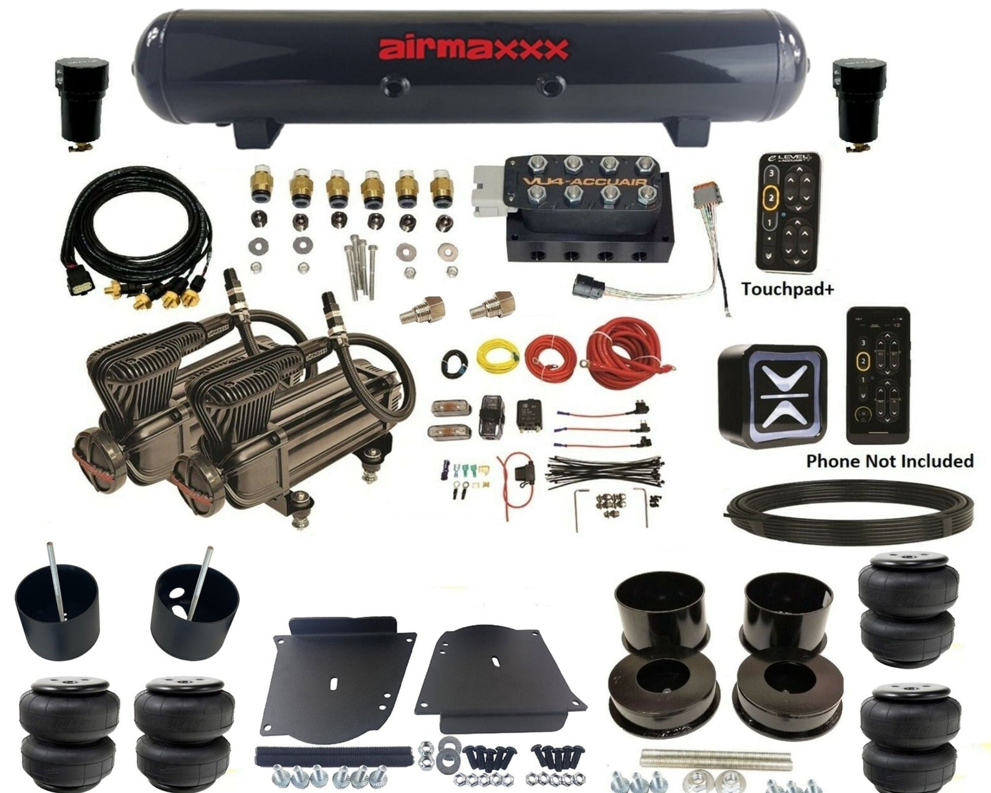 accuair e+ connect pressure+ vu4 black x-series compressors steel tank & airlift bags air ride kit for 1964-1972 gm a-body KABDY-X2B-57S-VU4EPT-WK-HFD25