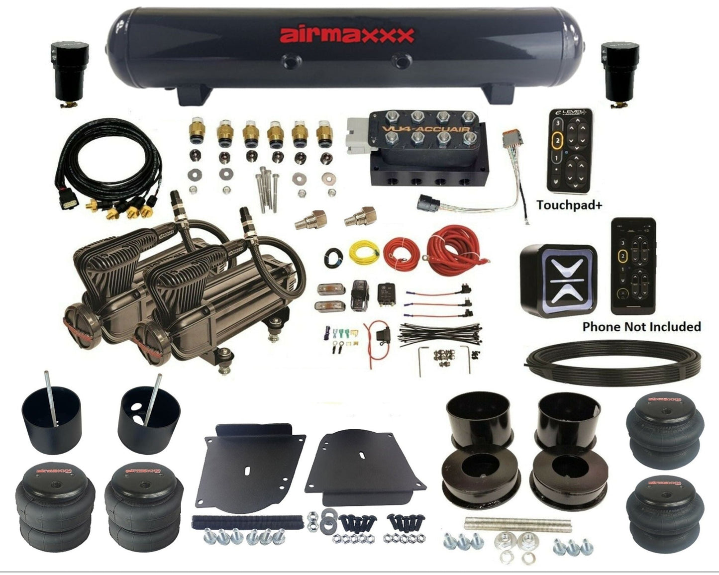 accuair e+ connect pressure+ vu4 black x-series compressors steel tank & bags air ride kit for 1964-1972 gm a-body KABDY-X2B-57S-VU4EPT-WK-HF