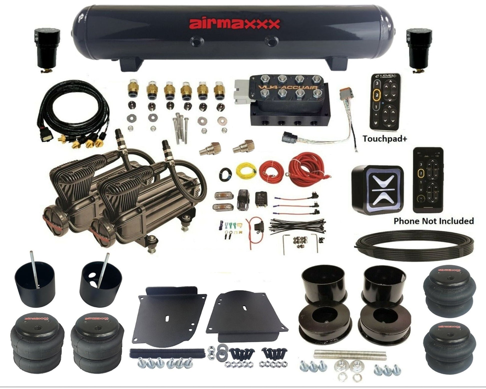 accuair e+ connect pressure+ vu4 black x-series compressors steel tank & bags air ride kit for 1964-1972 gm a-body KABDY-X2B-57S-VU4EPT-WK-HF