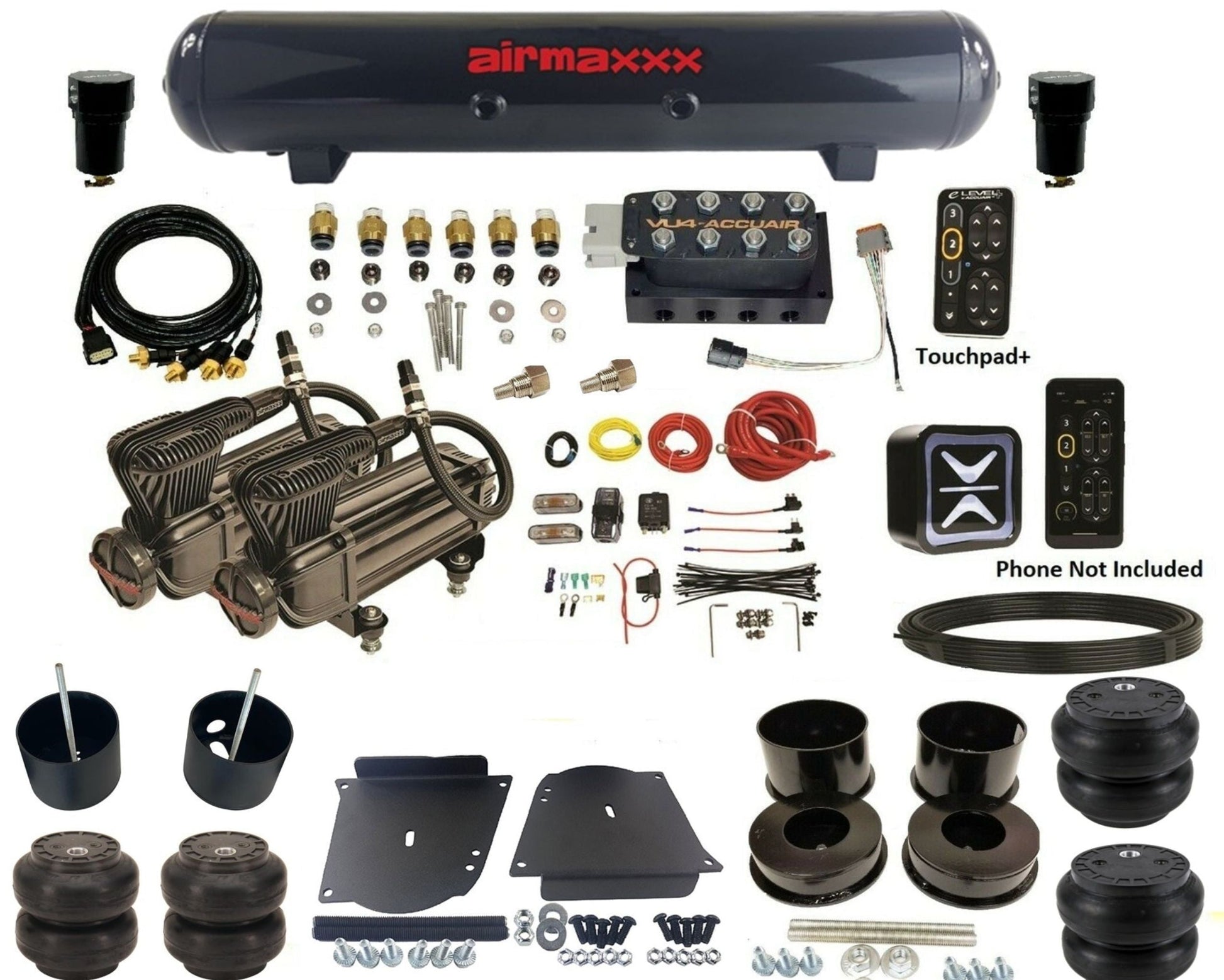 accuair e+ connect pressure+ vu4 black x-series compressors steel tank & slam bags air ride kit for 1964-1972 gm a-body KABDY-X2B-57S-VU4EPT-WK-HFSS6SS7