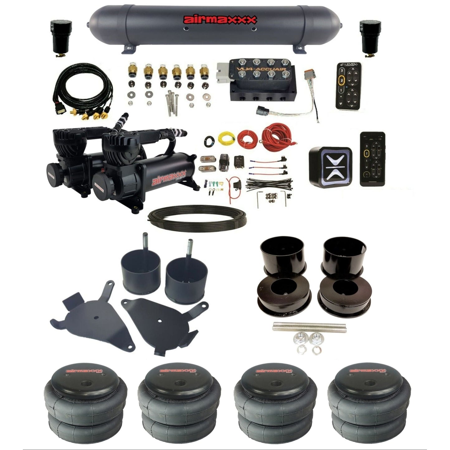 accuair e+ connect pressure+ vu4 dual 580 black compressors aluminum tank 2600 bags air ride kit for 1978-1988 gm g-body K-GBODY-580B2-57ABK-VU4-E_PT
