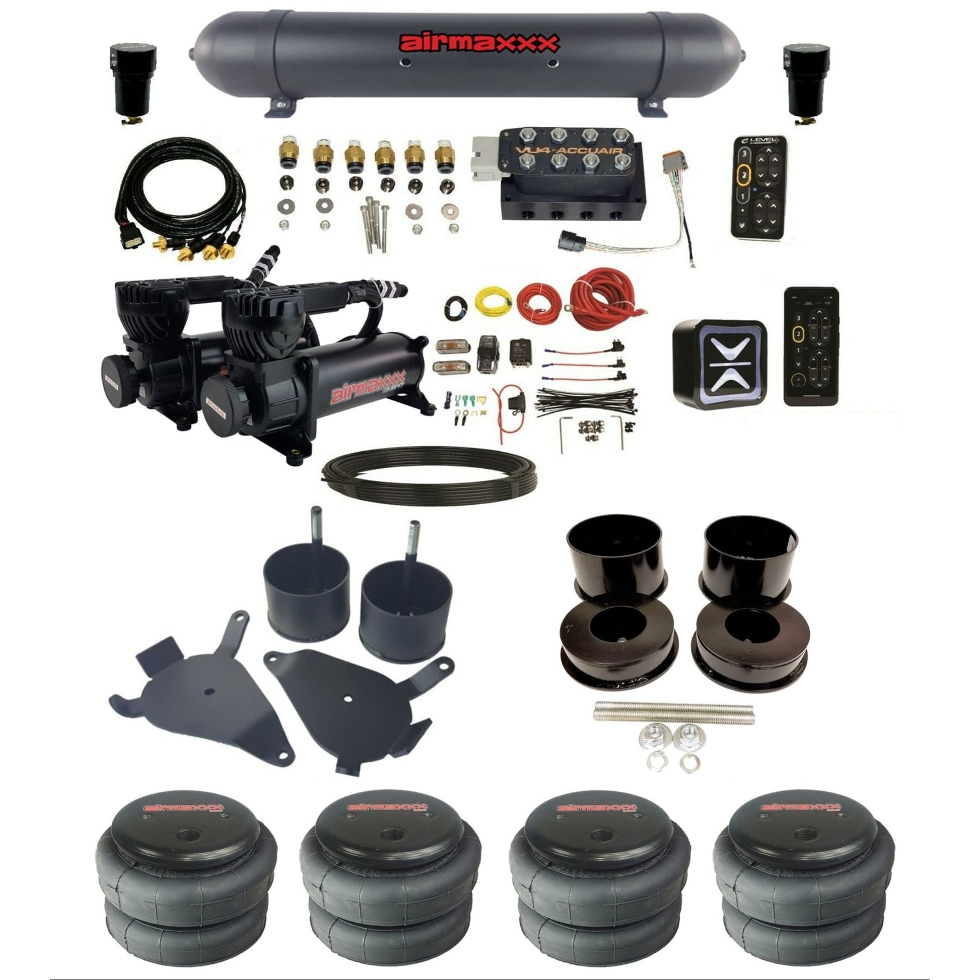 accuair e+ connect pressure+ vu4 dual 580 black compressors aluminum tank 2600 bags air ride kit for 1978-1988 gm g-body K-GBODY-580B2-57ABK-VU4-E_PT