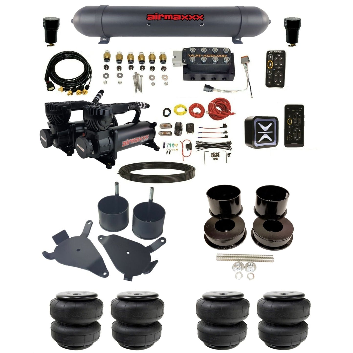 accuair e+ connect pressure+ vu4 dual 580 black compressors aluminum tank airlift bags air ride kit for 1978-1988 gm g-body K-GBODY-580B2-57ABK-VU4-E_PTD25