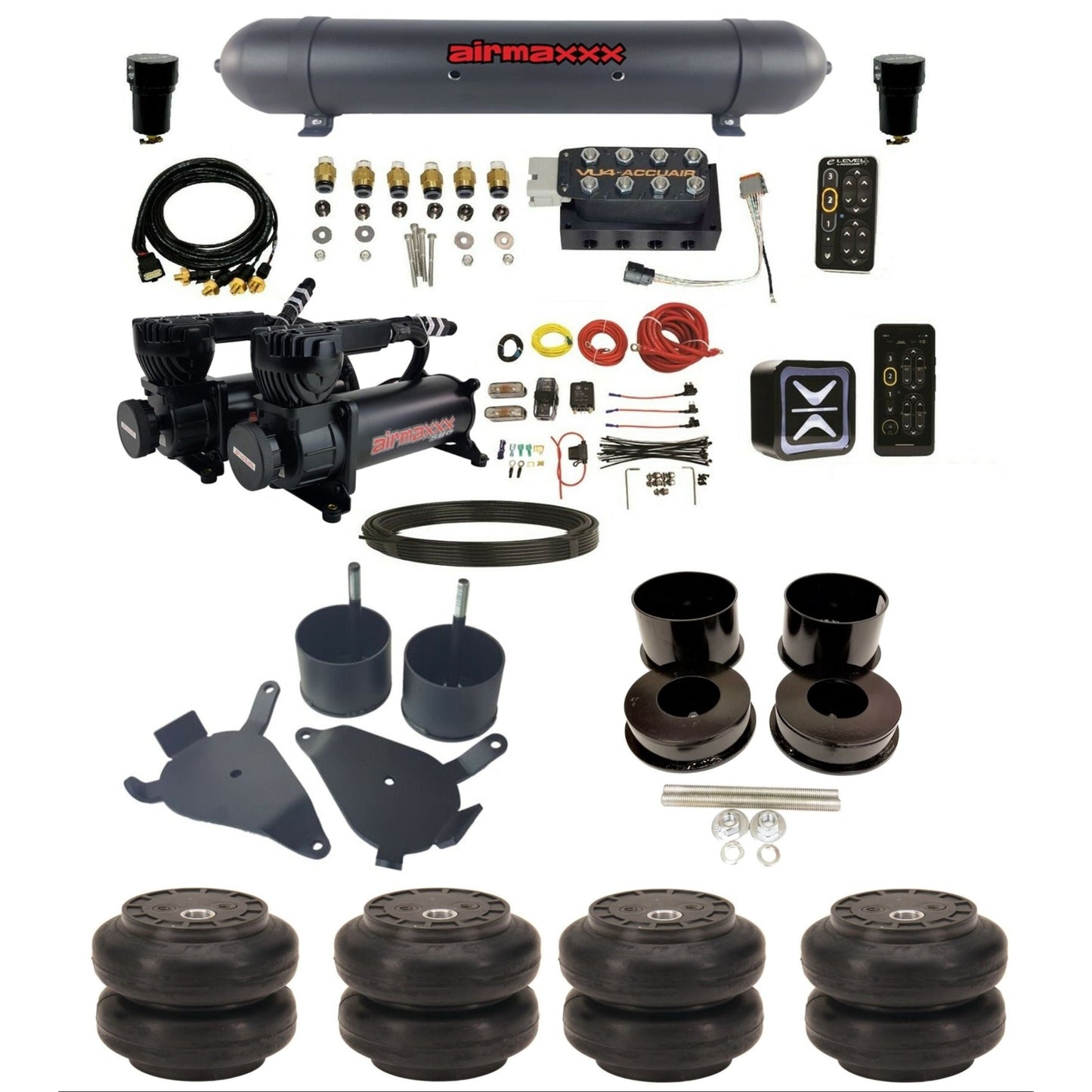 accuair e+ connect pressure+ vu4 dual 580 black compressors aluminum tank slam bags air ride kit for 1978-1988 gm g-body K-GBODY-580B2-57ABK-VU4-E_PTSS6