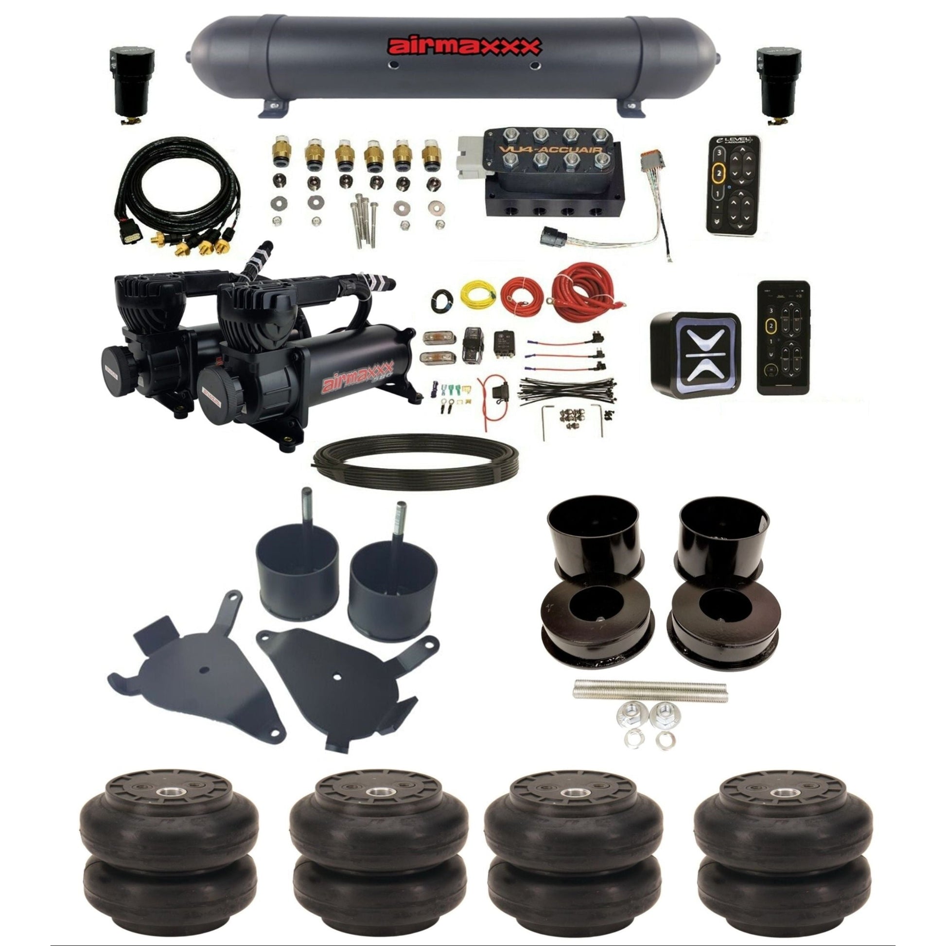 accuair e+ connect pressure+ vu4 dual 580 black compressors aluminum tank slam bags air ride kit for 1978-1988 gm g-body K-GBODY-580B2-57ABK-VU4-E_PTSS6