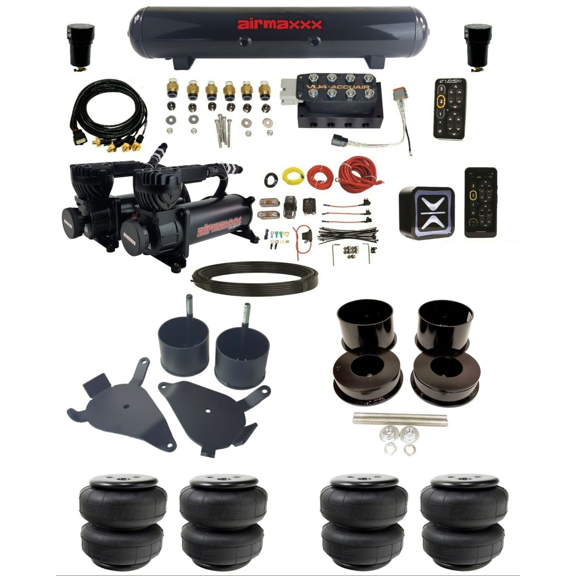 accuair e+ connect pressure+ vu4 dual 580 black compressors steel tank airlift bags air ride kit for 1978-1988 gm g-body K-GBODY-580B2-57S-VU4-E_PTD25