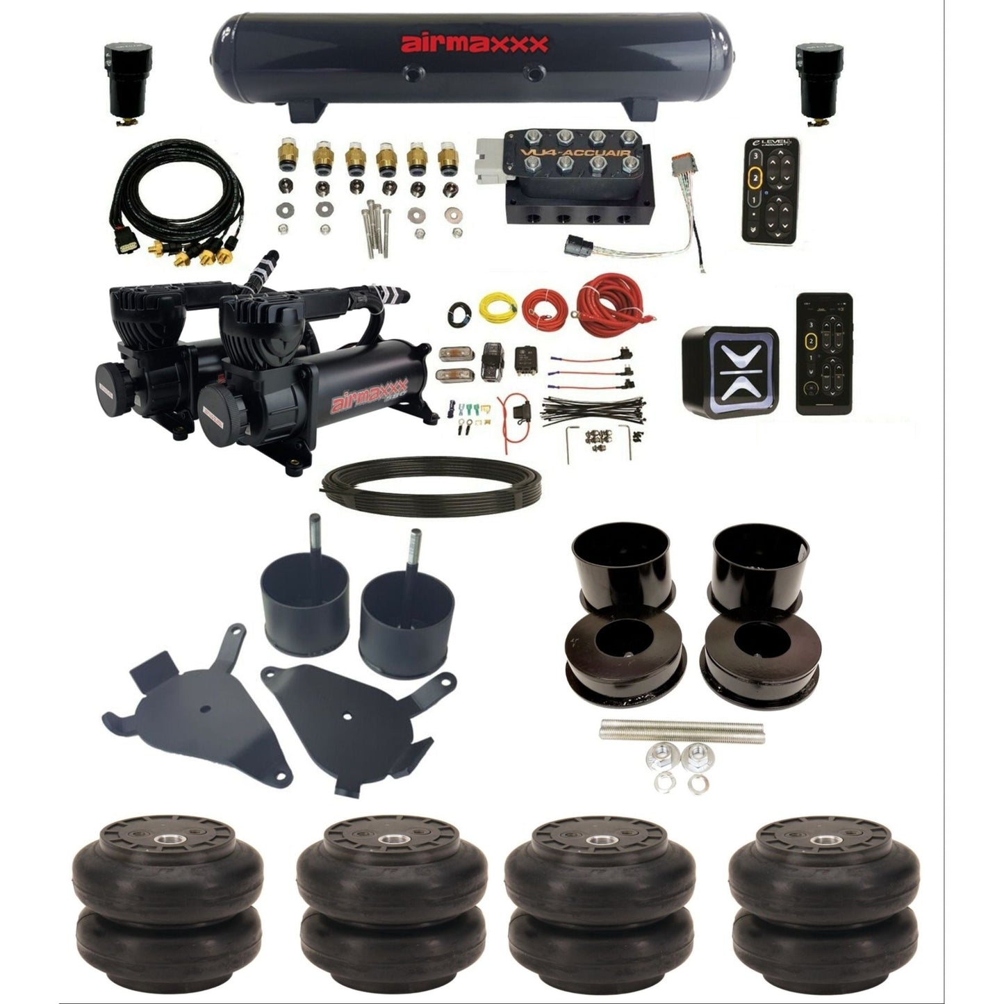 accuair e+ connect pressure+ vu4 dual 580 black compressors steel tank slam bags air ride kit for 1978-1988 gm g-body K-GBODY-580B2-57S-VU4-E_PTSS6