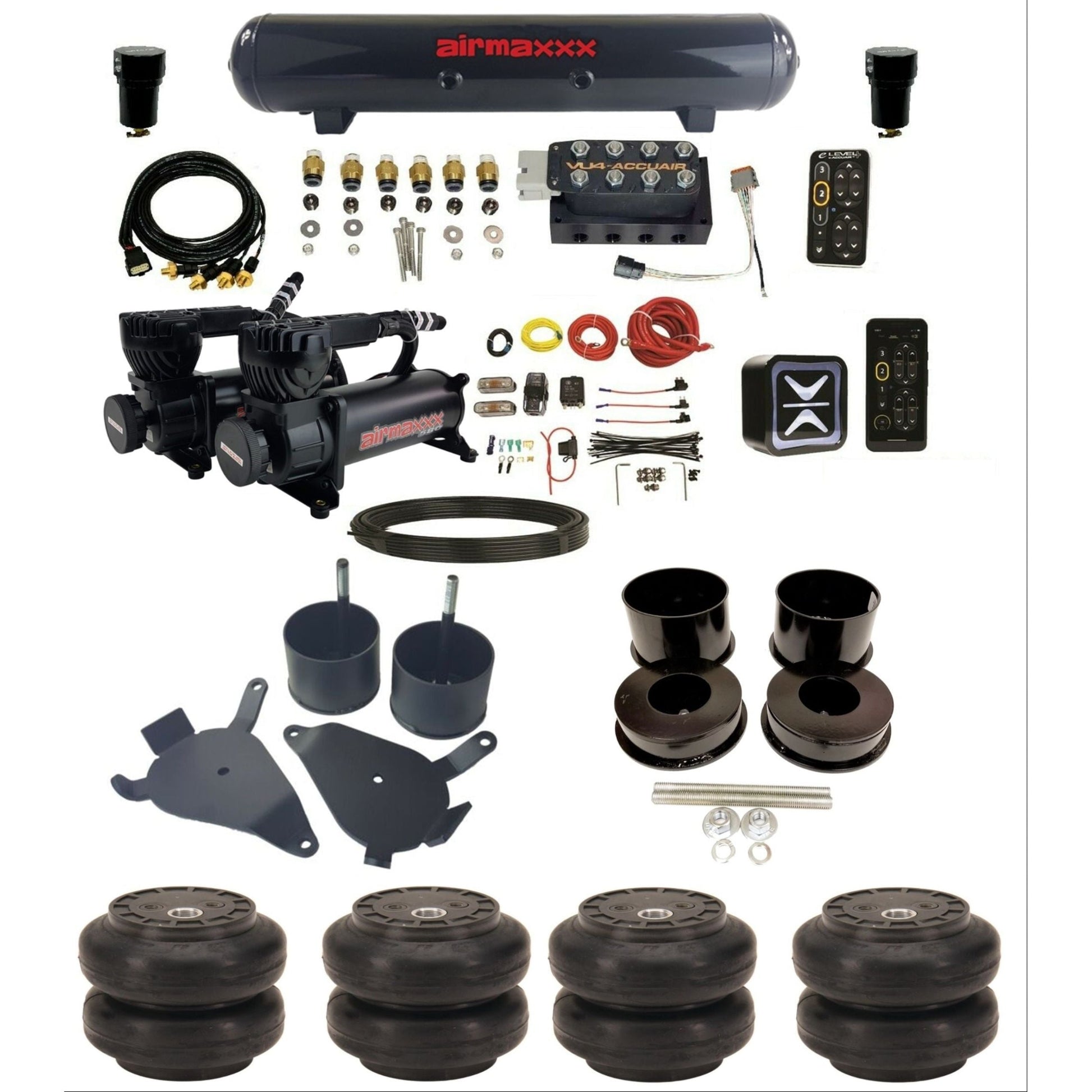 accuair e+ connect pressure+ vu4 dual 580 black compressors steel tank slam bags air ride kit for 1978-1988 gm g-body K-GBODY-580B2-57S-VU4-E_PTSS6