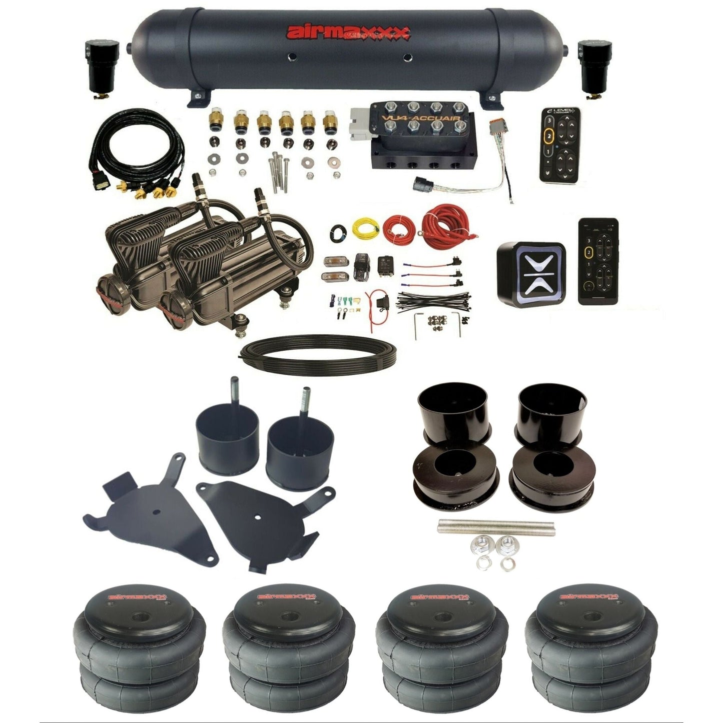 accuair e+ connect pressure+ vu4 dual x-series compressors aluminum tank 2600 bags air ride kit for 1978-1988 gm g-body K-GBODY-X2B-57ABK-VU4-E_PT