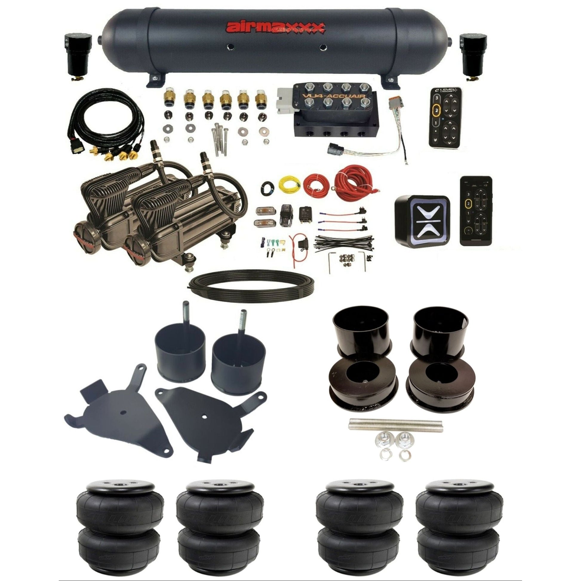 accuair e+ connect pressure+ vu4 dual x-series compressors aluminum tank airlift bags air ride kit for 1978-1988 gm g-body K-GBODY-X2B-57ABK-VU4-E_PTD25