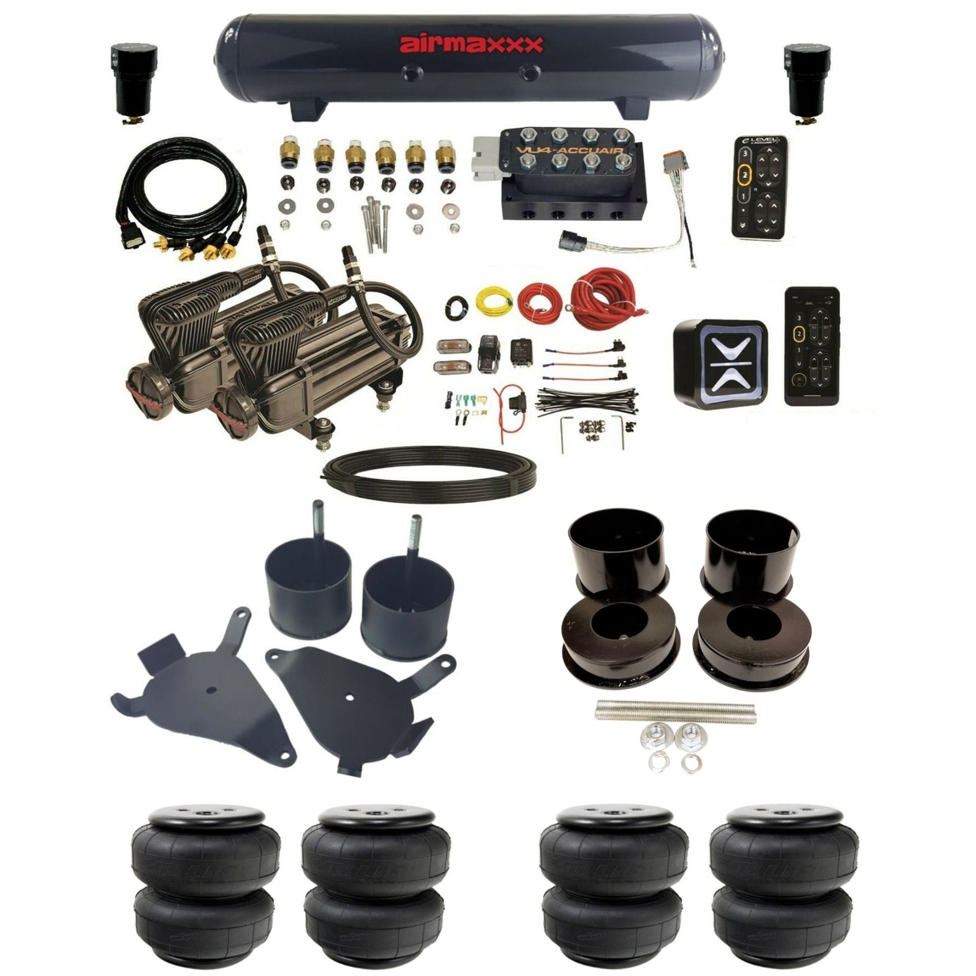 accuair e+ connect pressure+ vu4 dual x-series compressors steel tank airlift bags air ride kit for 1978-1988 gm g-body K-GBODY-X2B-57S-VU4-E_PTD25