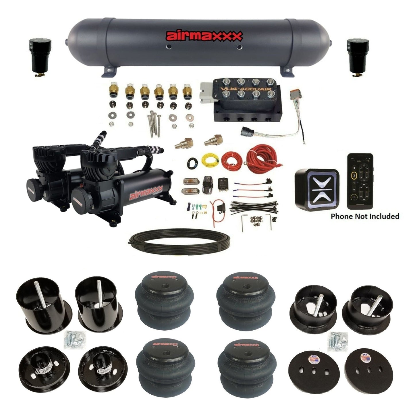 accuair e+ connect vu4 dual 580 black compressors 2600 bags aluminum tank air ride kit all black for 1963-1964 cadillac KCAD63-580B2-57ABK-VU4E-WK-HF