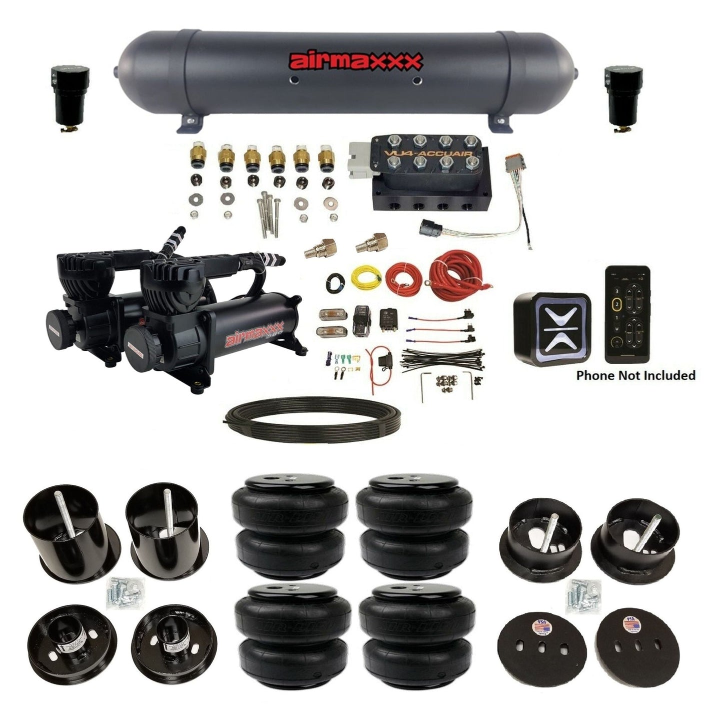 accuair e+ connect vu4 dual 580 black compressors airlift bags aluminum tank air ride kit all black for 1963-1964 cadillac KCAD63-580B2-57ABK-VU4E-WK-HFD25