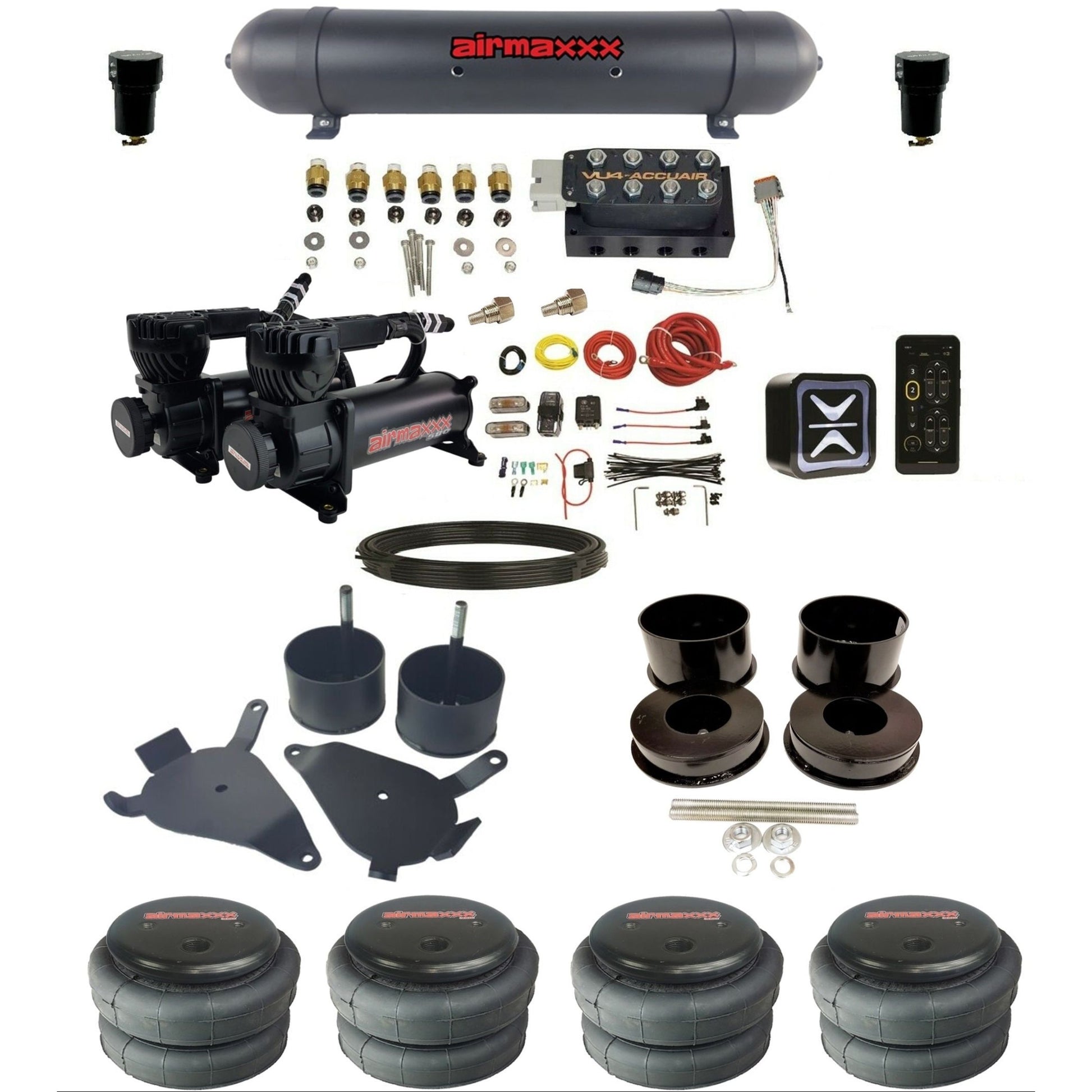accuair e+ connect vu4 dual 580 black compressors aluminum tank 2500 bags air ride kit for 1978-1988 gm g-body KGBDY-580B2-57ABK-VU4E-WK-HF