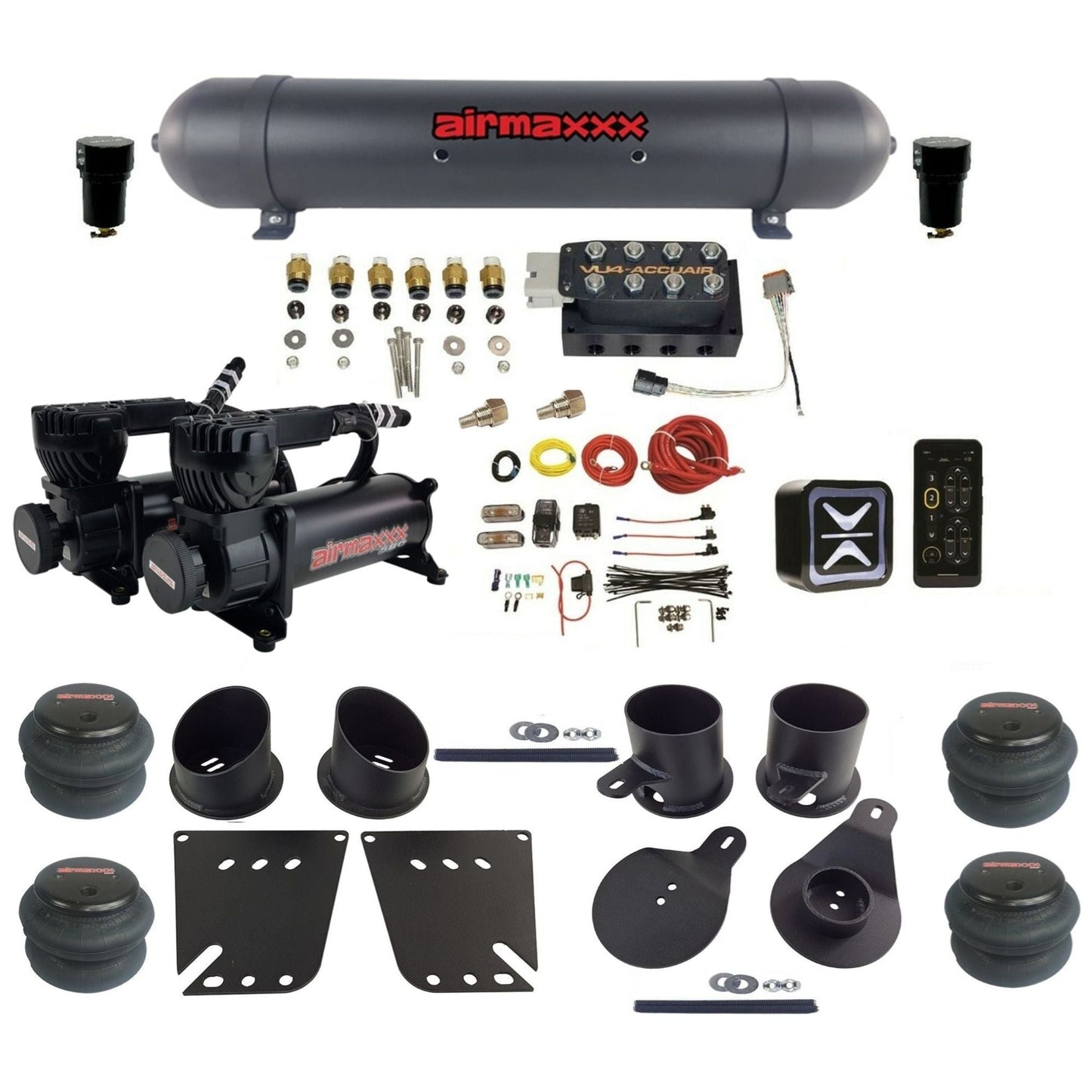accuair e+ connect vu4 dual 580 black compressors aluminum tank 2600 bags air ride kit for 1958-1964 chevy impala KIMP58-580B2-57ABK-VU4E-WK-HF