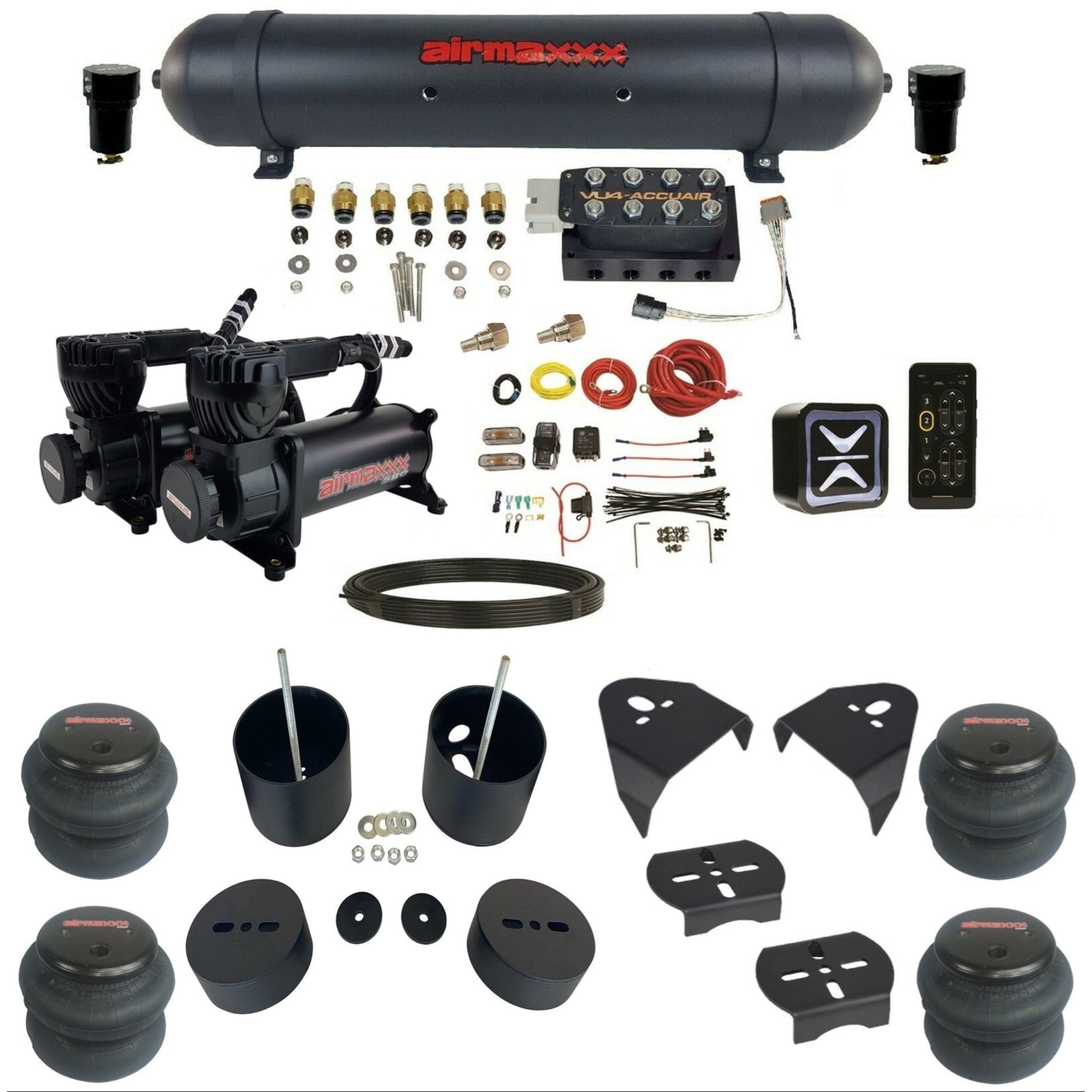 accuair e+ connect vu4 dual 580 black compressors aluminum tank 2600 bags air ride kit for 1999-2006 silverado 1500 KGM99-580B2-57ABK-VU4E-WK-HF