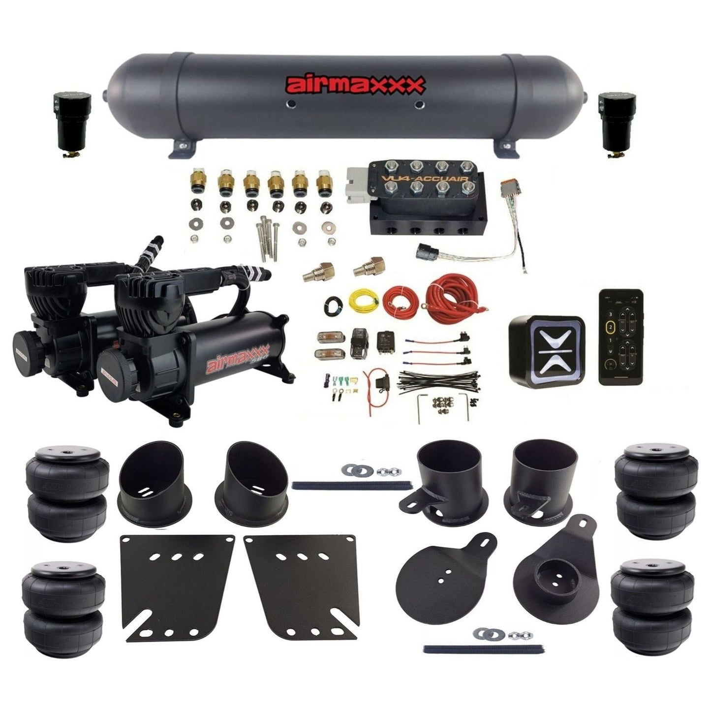 accuair e+ connect vu4 dual 580 black compressors aluminum tank airlift bags air ride kit for 1958-1964 chevy impala KIMP58-580B2-57ABK-VU4E-WK-HFD25