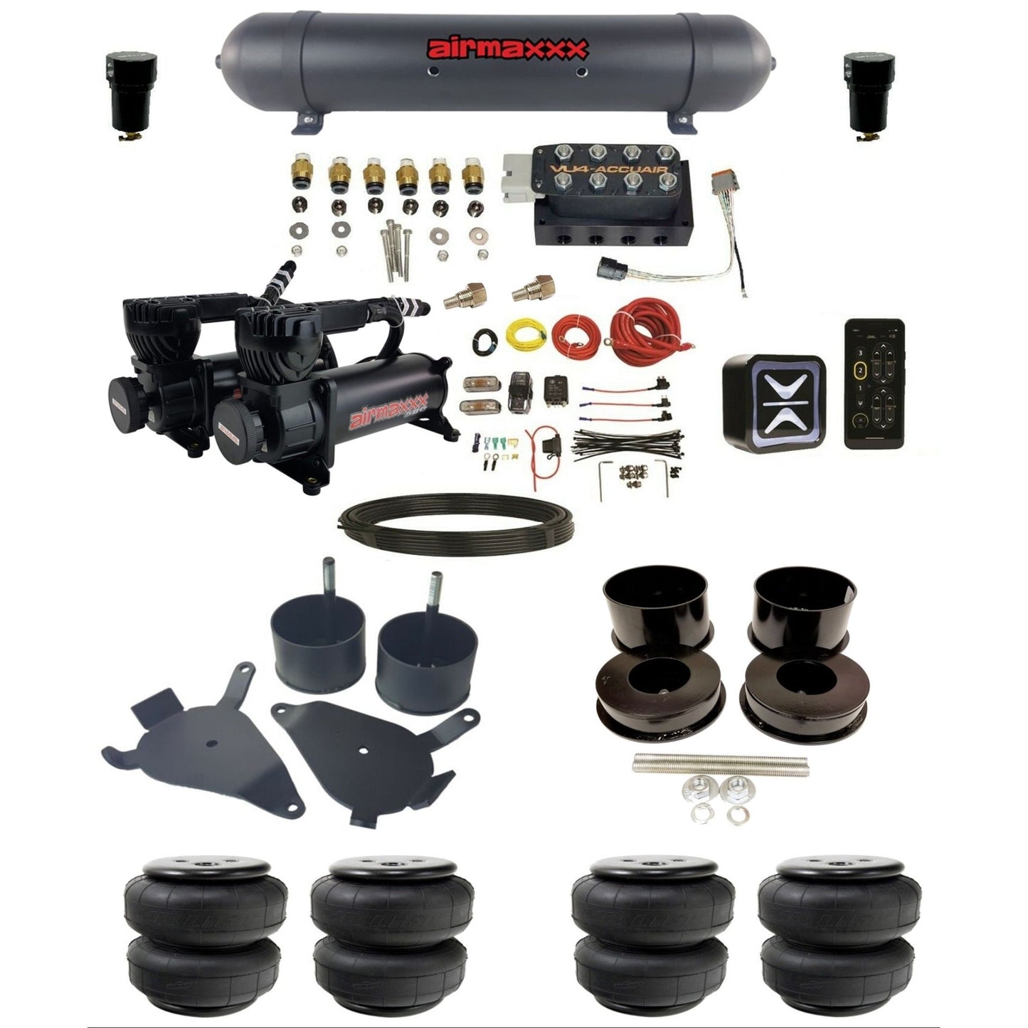 accuair e+ connect vu4 dual 580 black compressors aluminum tank airlift bags air ride kit for 1978-1988 gm g-body KGBDY-580B2-57ABK-VU4E-WK-HFD25