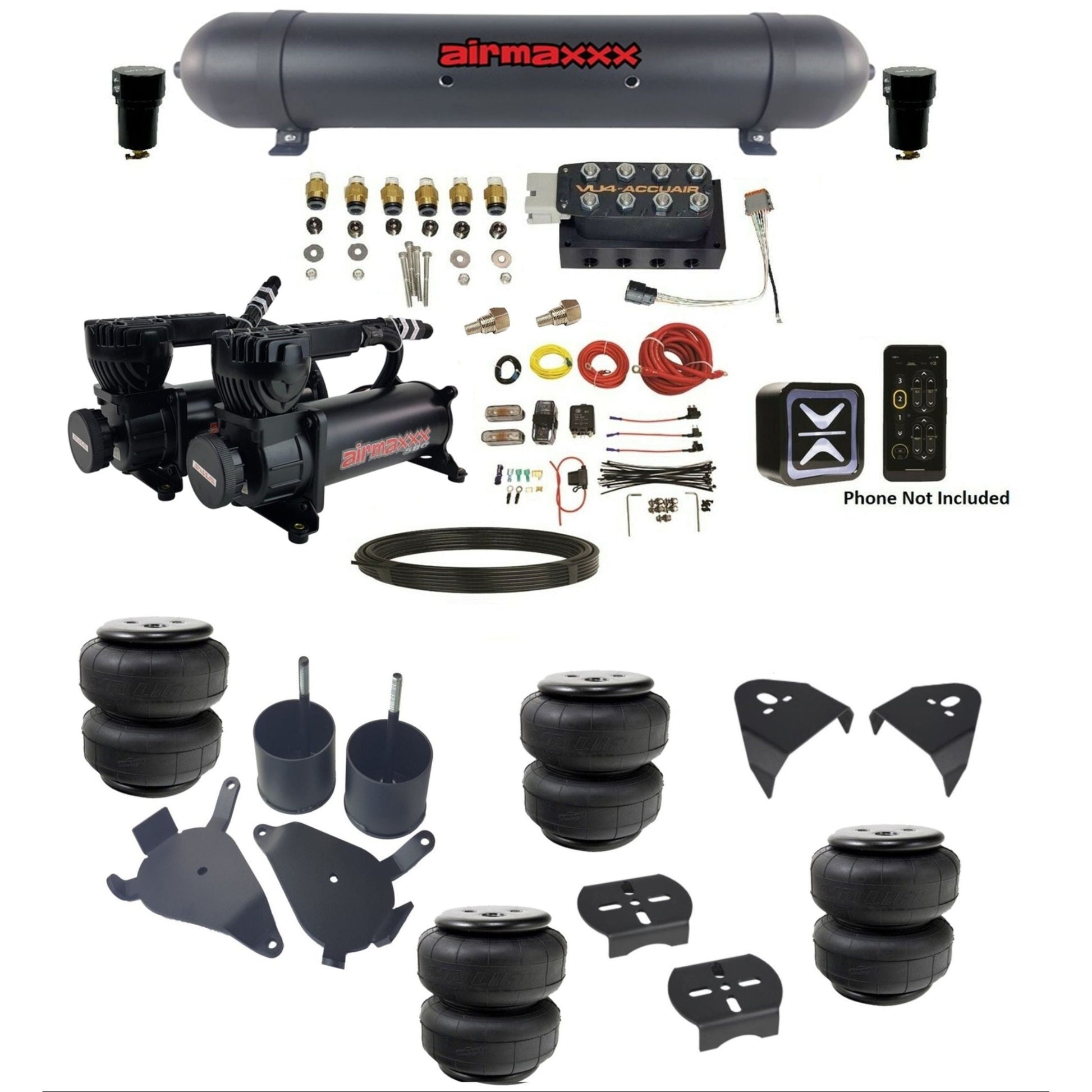 accuair e+ connect vu4 dual 580 black compressors aluminum tank & airlift bags air ride kit for 1982-2005 chevy s10 KS10-580B2-57ABK-VU4E-WK-HFD25