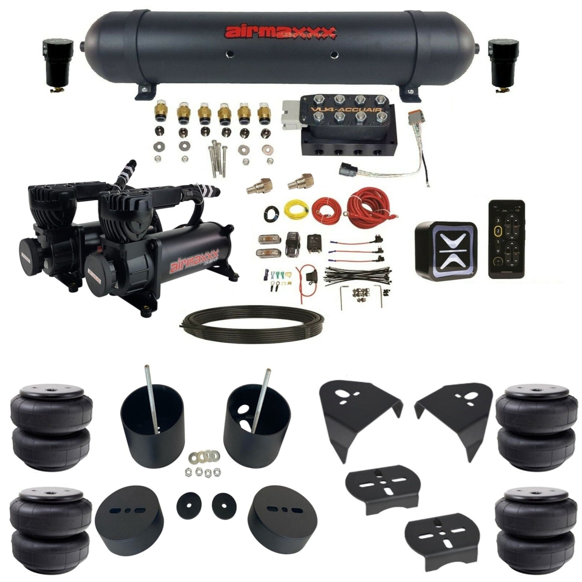 accuair e+ connect vu4 dual 580 black compressors aluminum tank airlift bags air ride kit for 1999-2006 silverado 1500 KGM99-580B2-57ABK-VU4E-WK-HFD26 